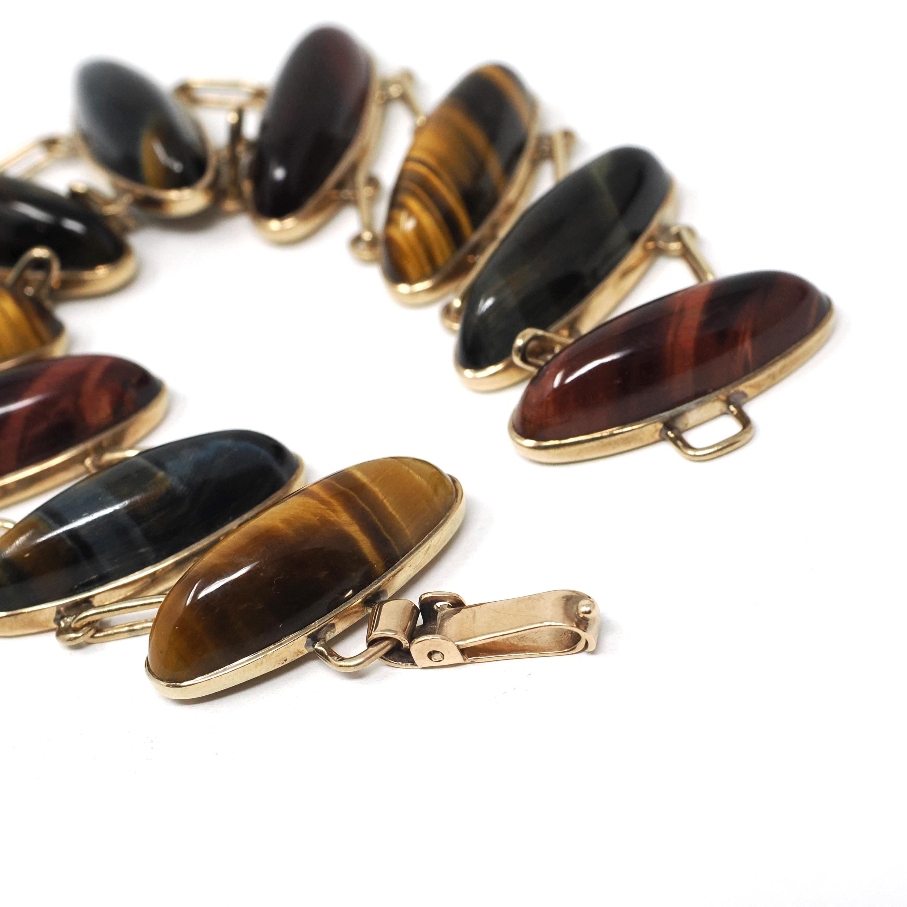 Vintage Tiger's & Hawk's Eye Bracelet - Retro 10k Yellow Gold Handmade Natural Gemstones - Circa 1970s Double Linked Brown Gem Fine Jewelry