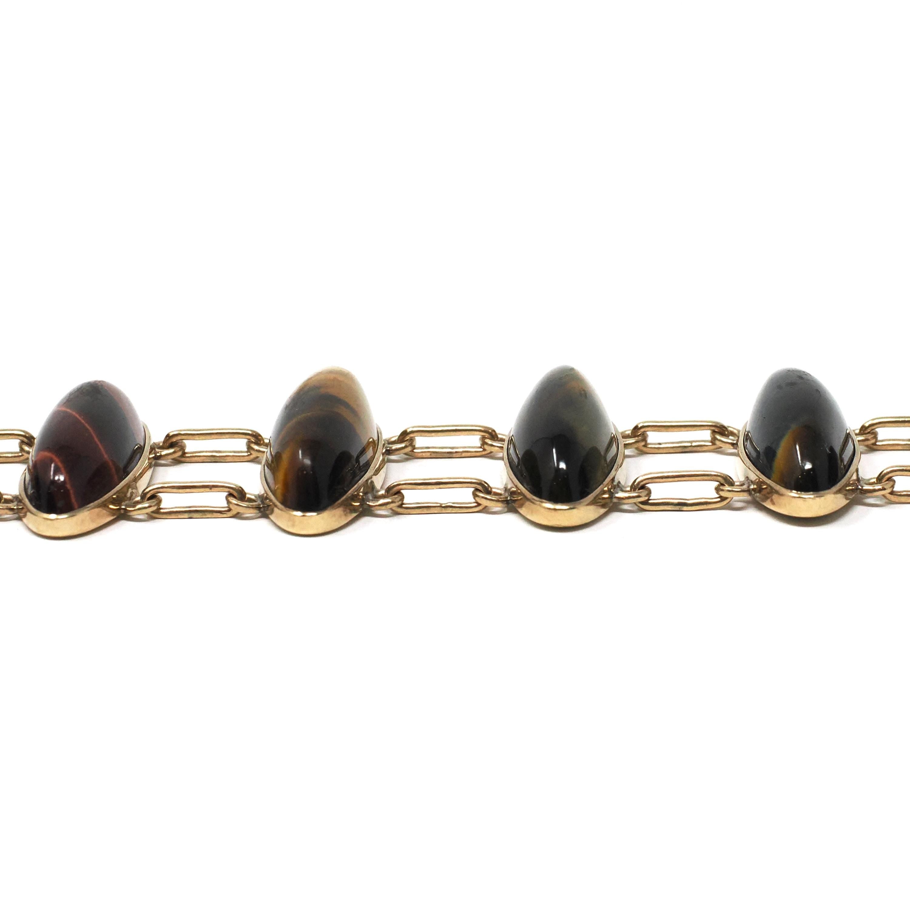 Vintage Tiger's & Hawk's Eye Bracelet - Retro 10k Yellow Gold Handmade Natural Gemstones - Circa 1970s Double Linked Brown Gem Fine Jewelry