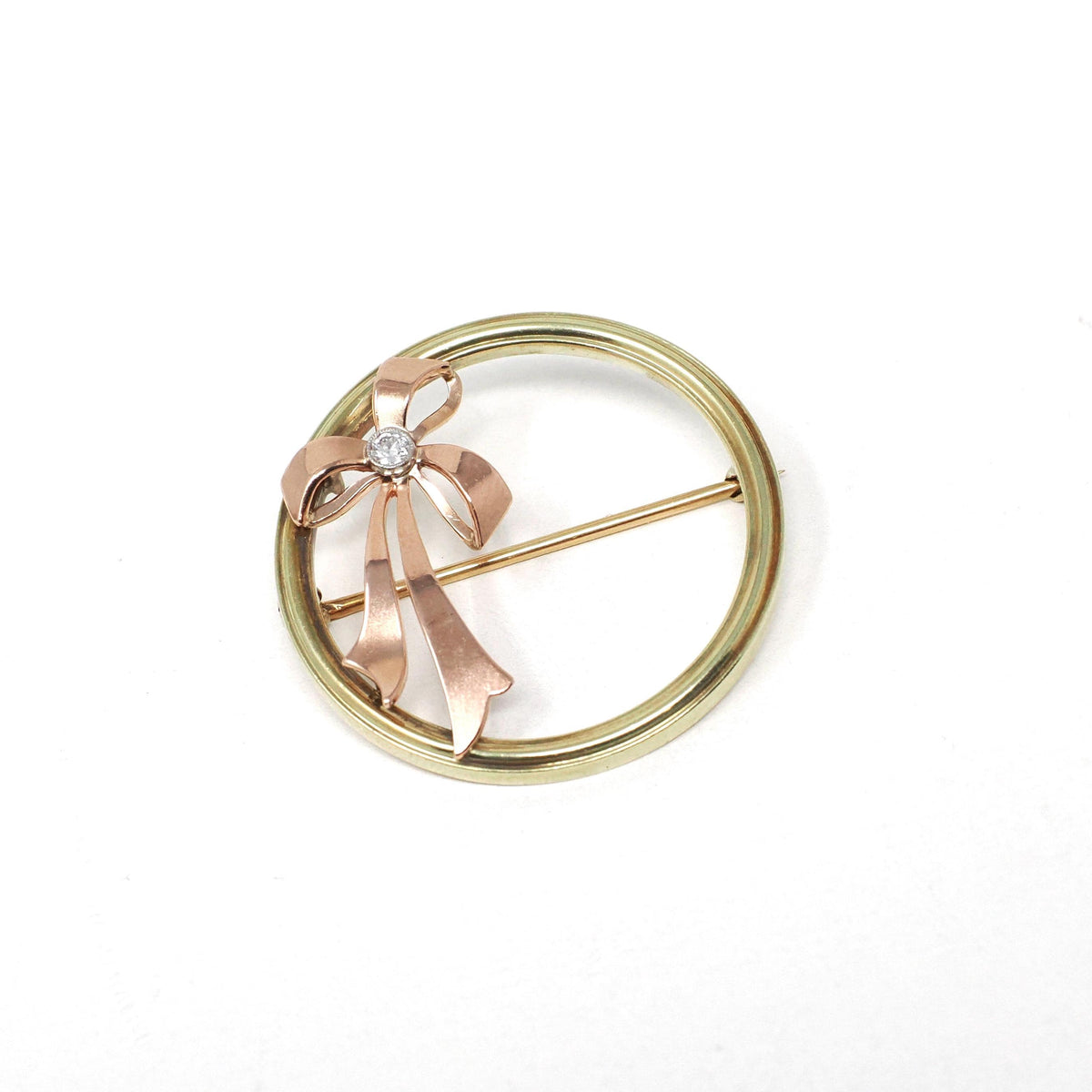Retro Bow Brooch - Estate 14k Yellow & Rose Gold Diamond Gemstone Pin Statement - Circa 1980s Era Figural Ribbon Fine Fashion Accessory