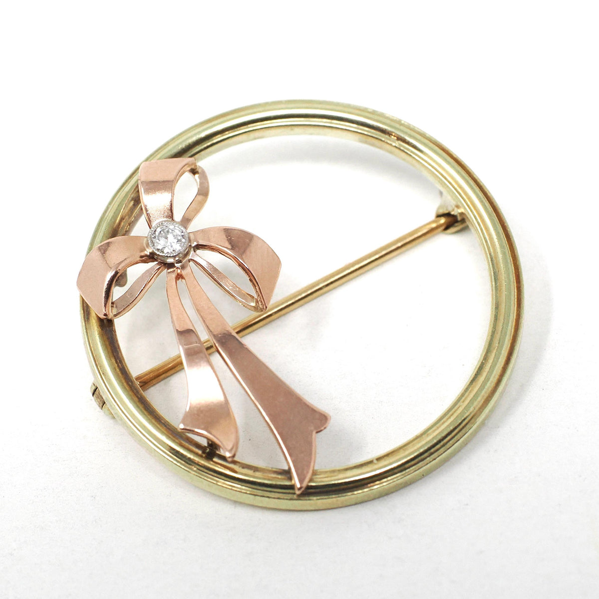 Retro Bow Brooch - Estate 14k Yellow & Rose Gold Diamond Gemstone Pin Statement - Circa 1980s Era Figural Ribbon Fine Fashion Accessory