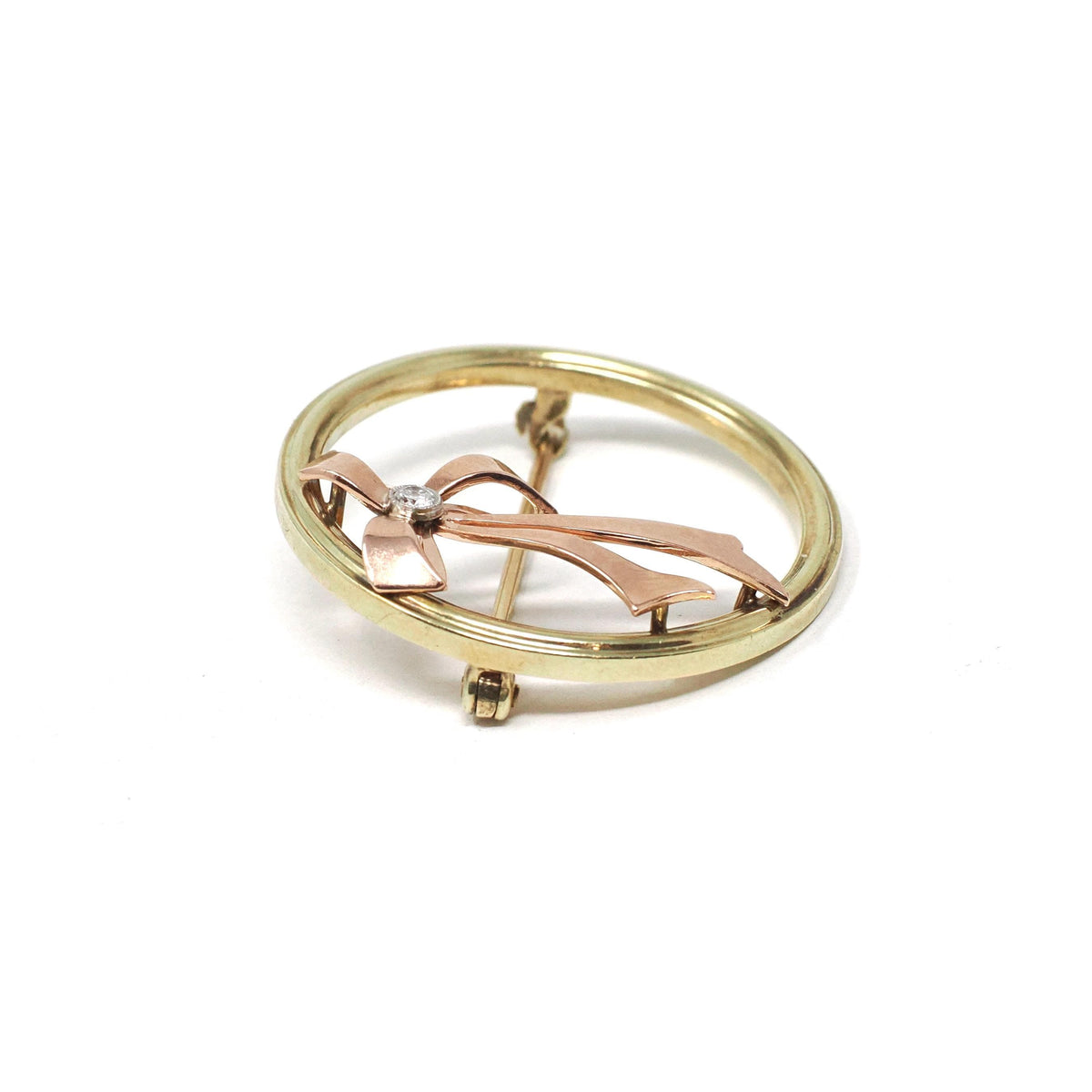 Retro Bow Brooch - Estate 14k Yellow & Rose Gold Diamond Gemstone Pin Statement - Circa 1980s Era Figural Ribbon Fine Fashion Accessory