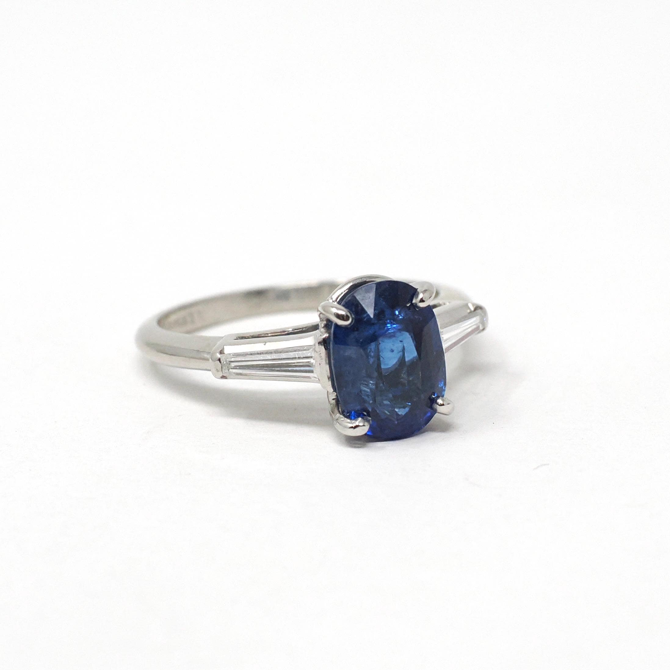 Sapphire & Diamond Ring - Estate Platinum Natural Blue Oval Gemstone And Baguette Diamond Engagement - Modern Era 2000s Era Fine Jewelry
