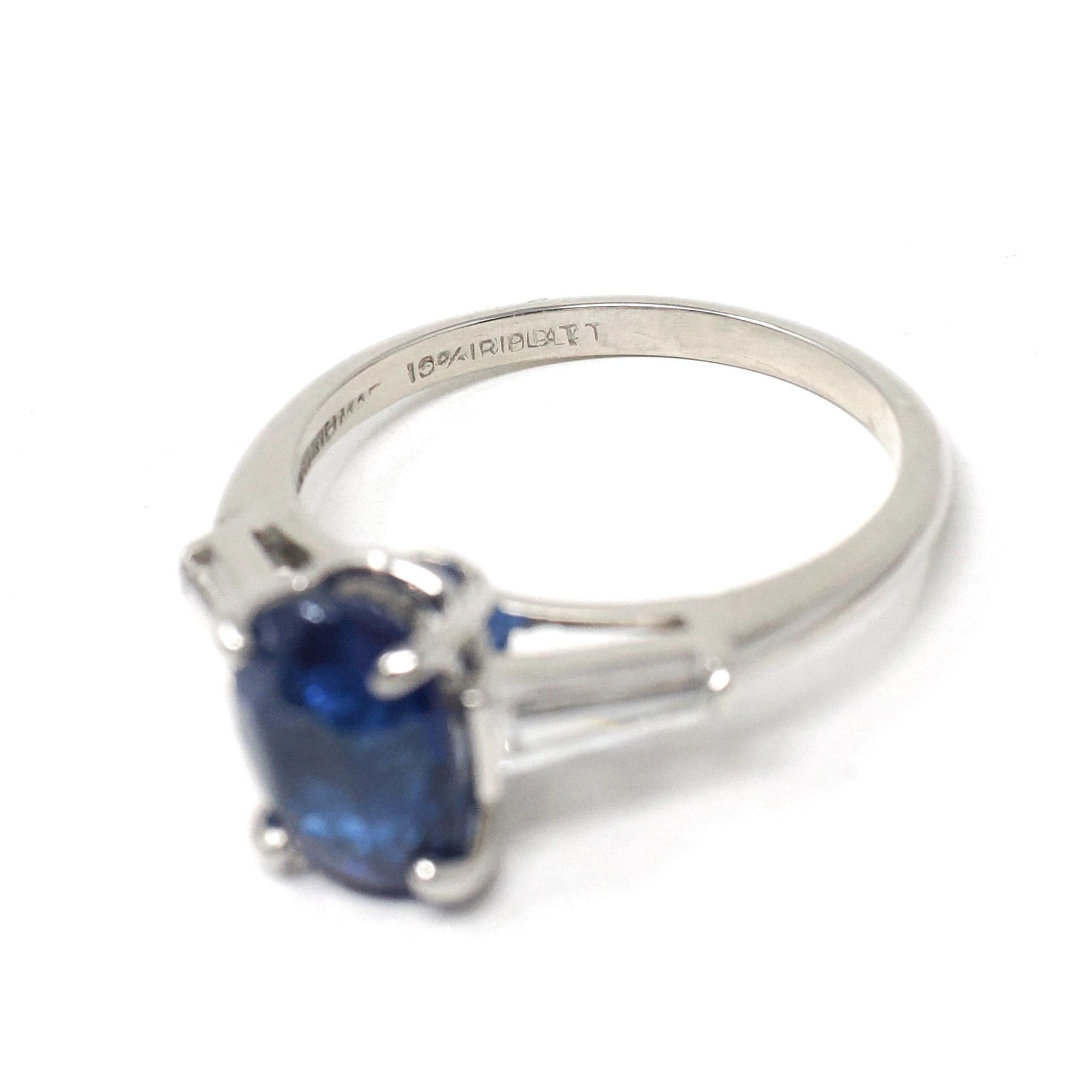 Sapphire & Diamond Ring - Estate Platinum Natural Blue Oval Gemstone And Baguette Diamond Engagement - Modern Era 2000s Era Fine Jewelry