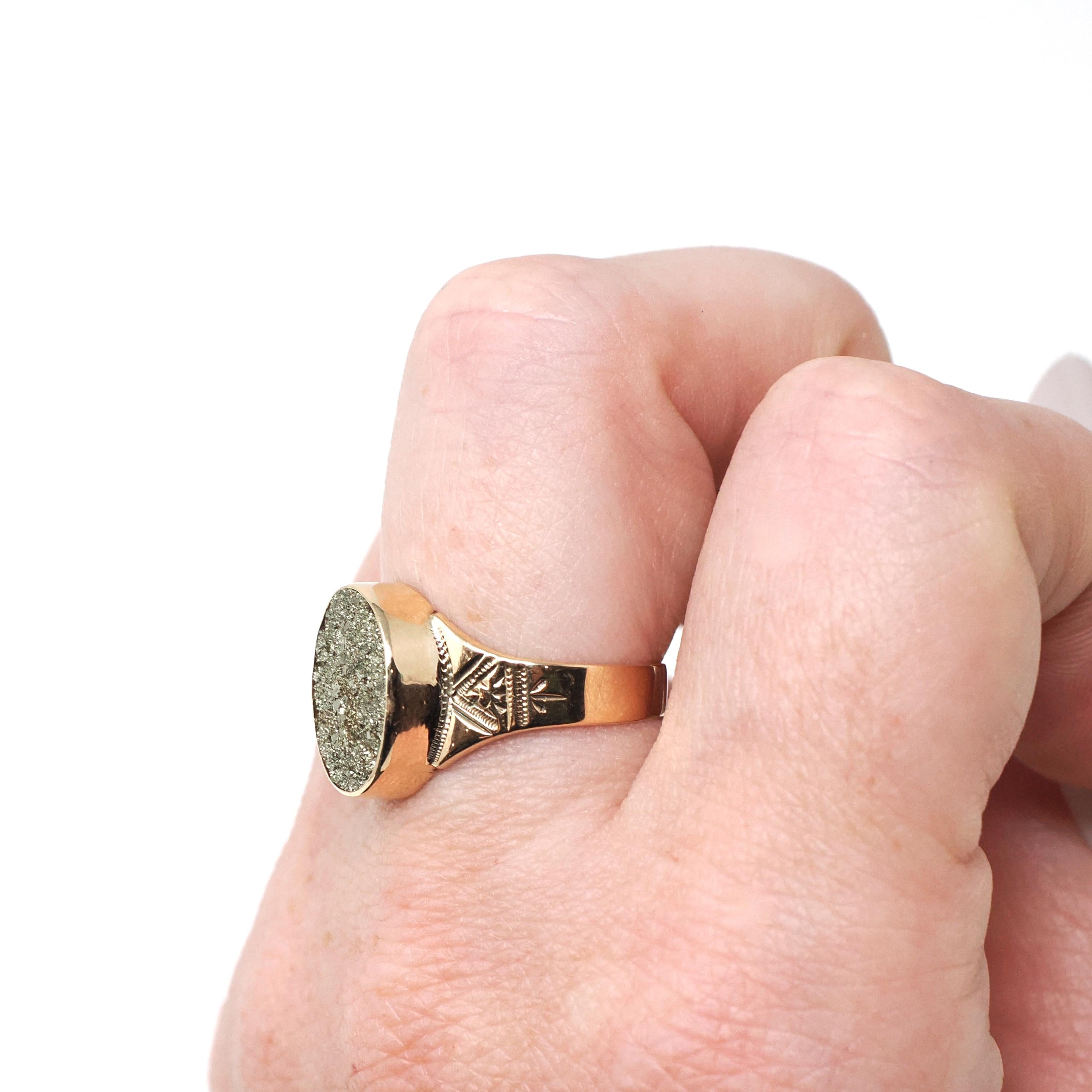 Antique Pyrite Ring - Victorian 10k Rosy Yellow Gold Druzy Crystal Bezel Solitaire - Circa 1890s Era Size 6 Metallic Sparkly Fine Jewelry