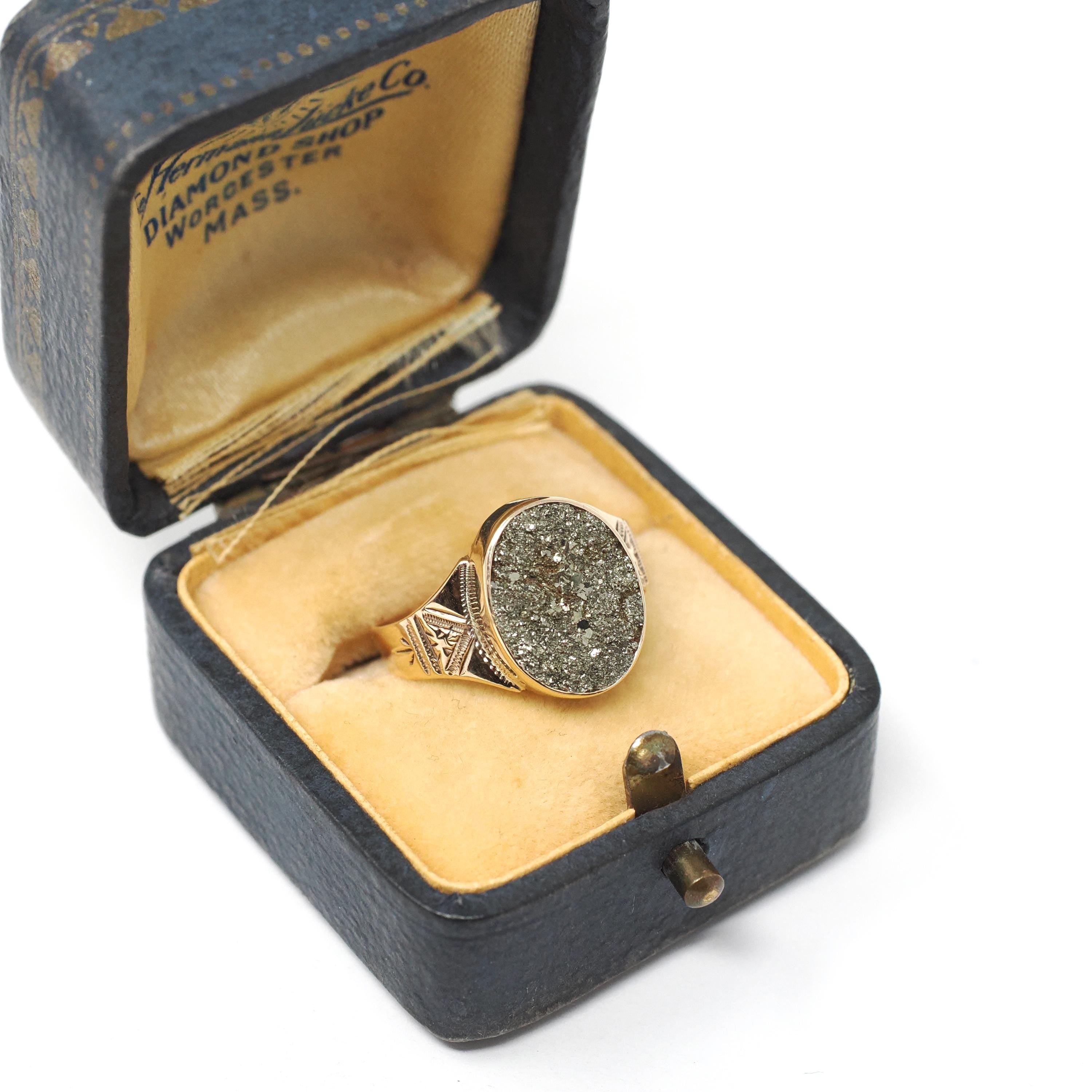 Antique Pyrite Ring - Victorian 10k Rosy Yellow Gold Druzy Crystal Bezel Solitaire - Circa 1890s Era Size 6 Metallic Sparkly Fine Jewelry