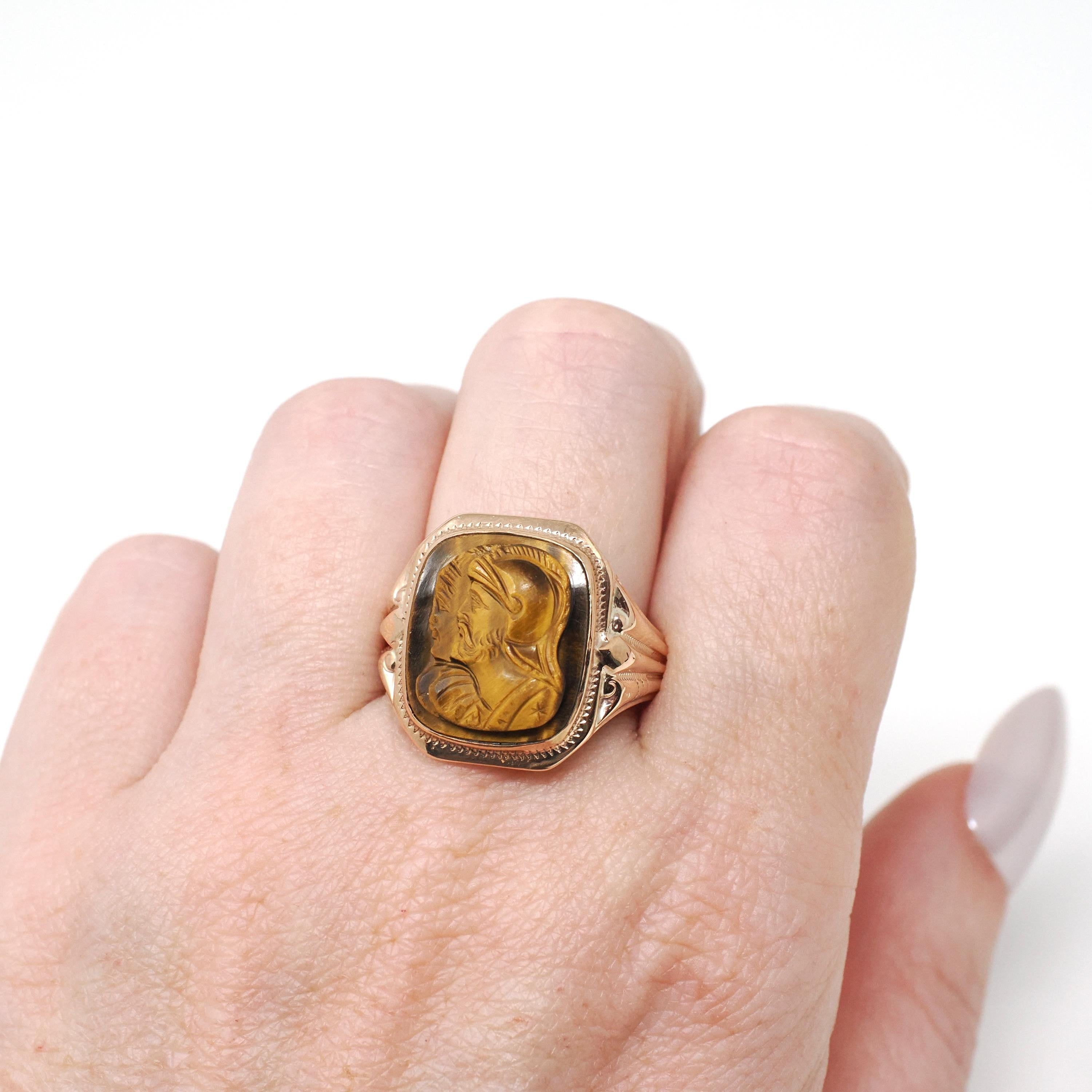 Tiger's Eye Ring - Mid Century 10k Yellow Gold Natural Carved Warrior Brown Gemstone - Vintage Circa 1940s Size 8 Statement Fine OB Jewelry