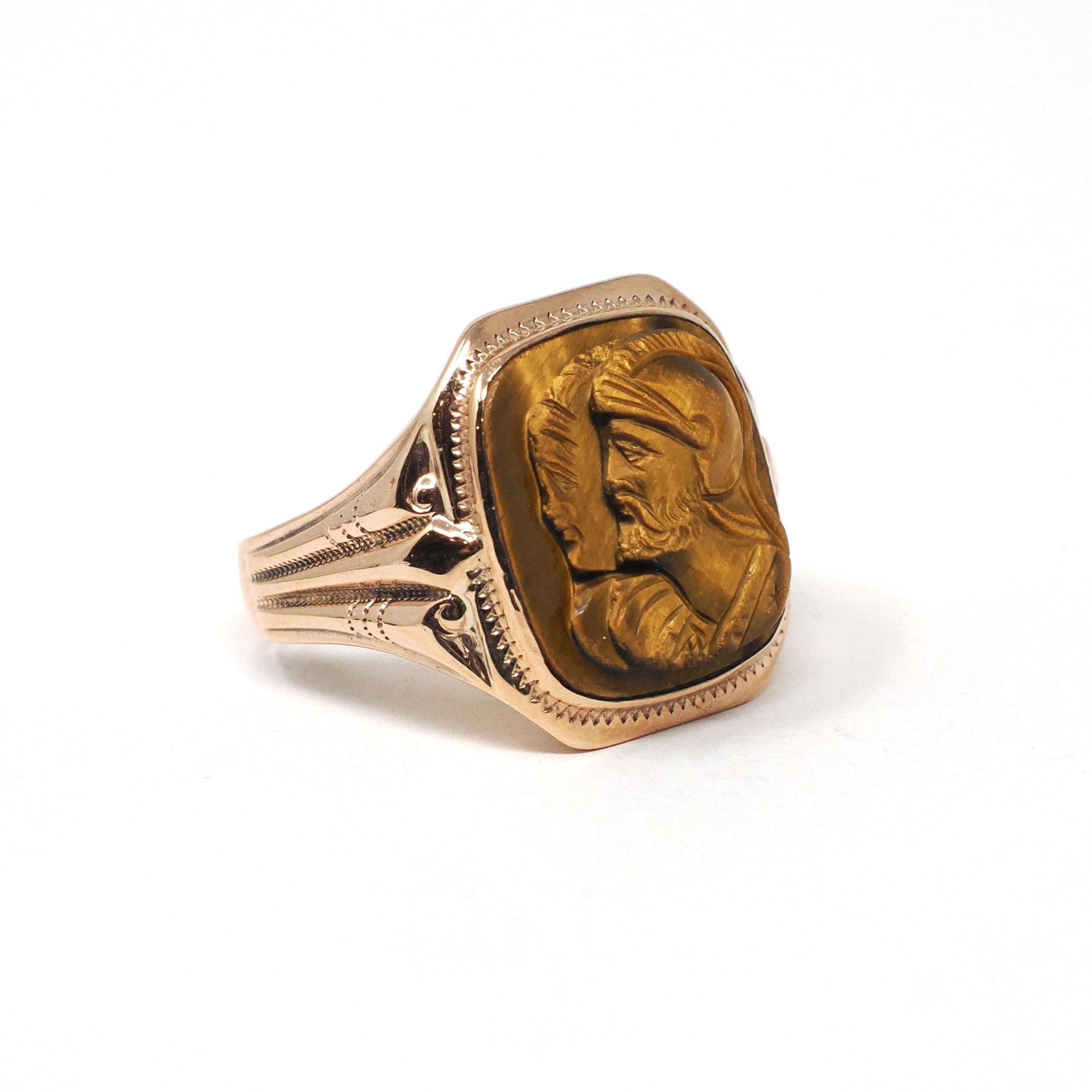 Tiger's Eye Ring - Mid Century 10k Yellow Gold Natural Carved Warrior Brown Gemstone - Vintage Circa 1940s Size 8 Statement Fine OB Jewelry