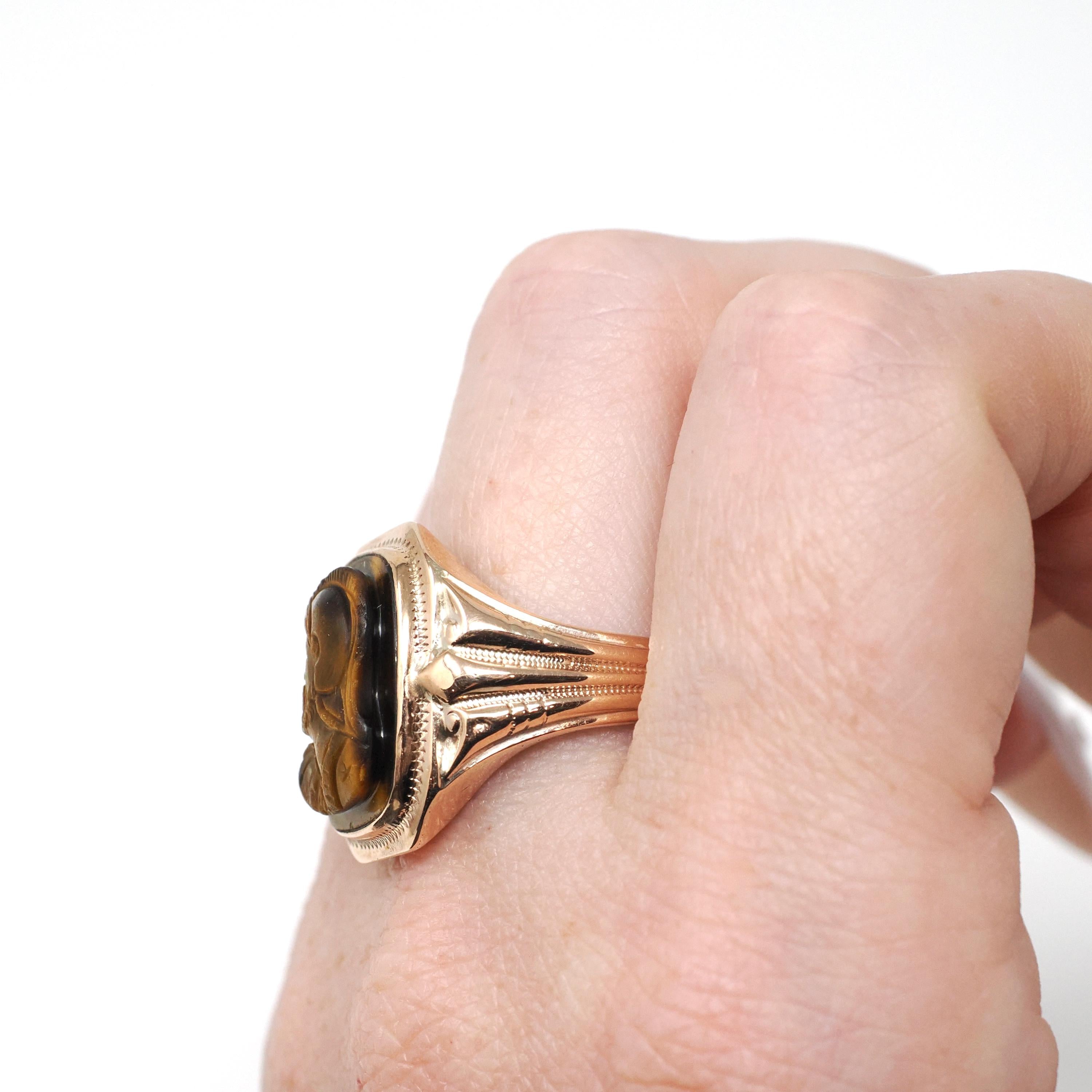 Tiger's Eye Ring - Mid Century 10k Yellow Gold Natural Carved Warrior Brown Gemstone - Vintage Circa 1940s Size 8 Statement Fine OB Jewelry