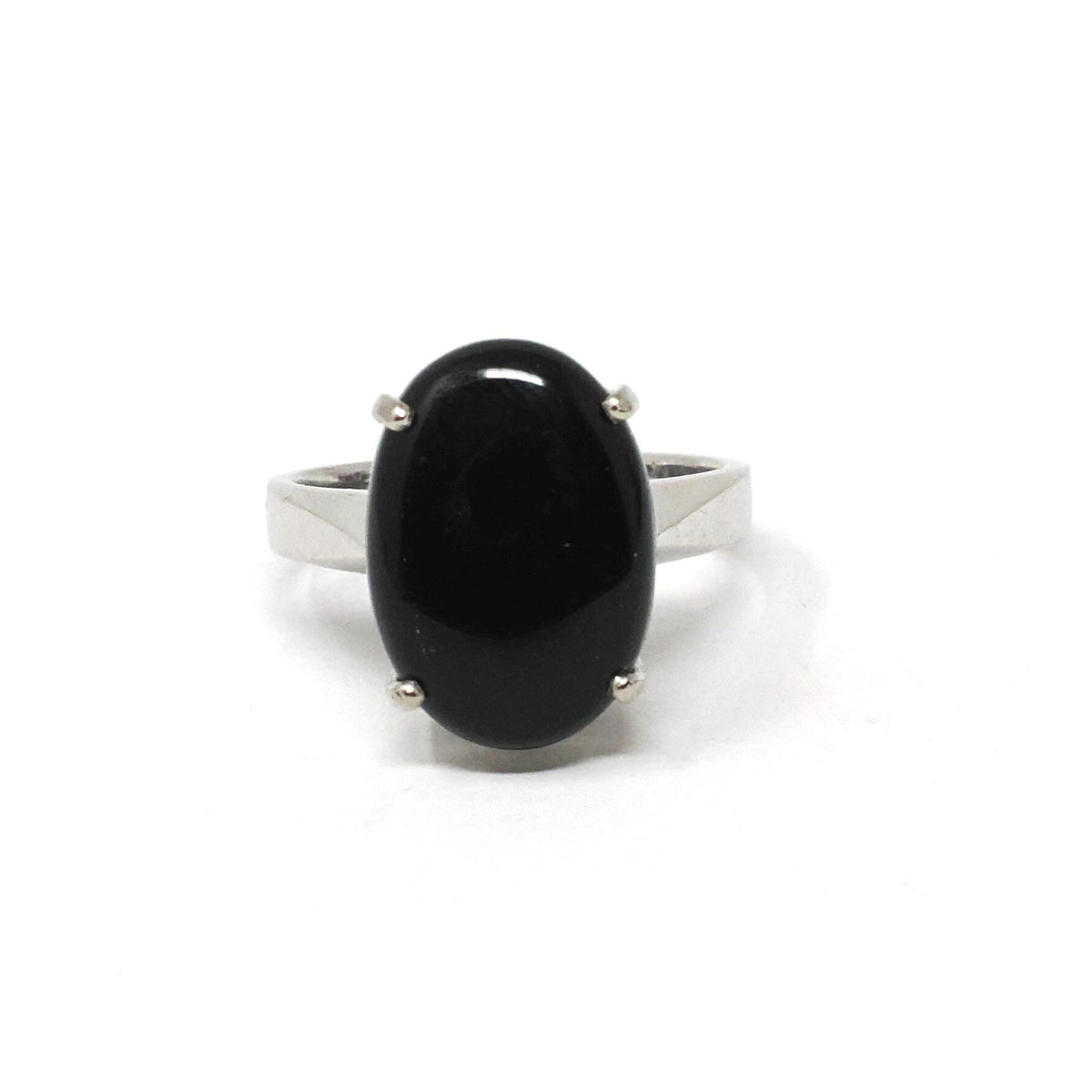 Modern Onyx Ring - Estate 14k White Gold Oval Cabochon Cut Black Chalcedony Gem - Modern Circa 2000's Era Size 4 3/4 Statement Fine Jewelry