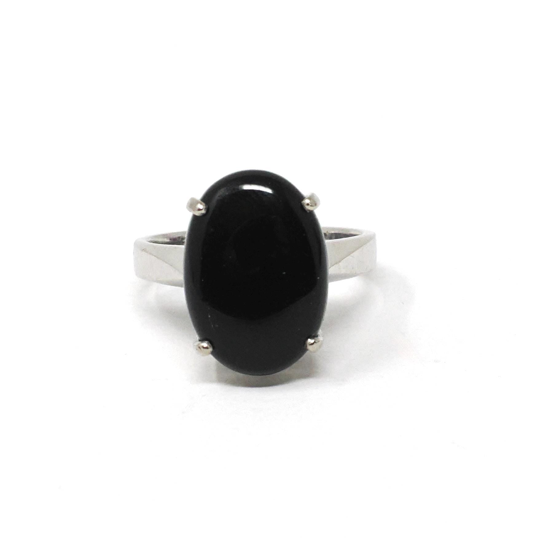 Modern Onyx Ring - Estate 14k White Gold Oval Cabochon Cut Black Chalcedony Gem - Modern Circa 2000's Era Size 4 3/4 Statement Fine Jewelry