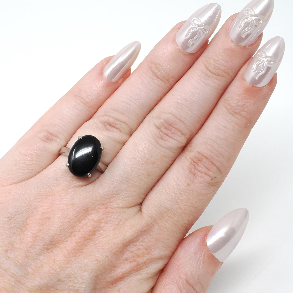 Modern Onyx Ring - Estate 14k White Gold Oval Cabochon Cut Black Chalcedony Gem - Modern Circa 2000's Era Size 4 3/4 Statement Fine Jewelry