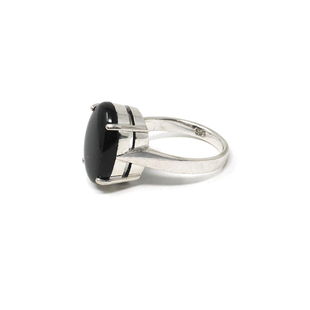 Modern Onyx Ring - Estate 14k White Gold Oval Cabochon Cut Black Chalcedony Gem - Modern Circa 2000's Era Size 4 3/4 Statement Fine Jewelry