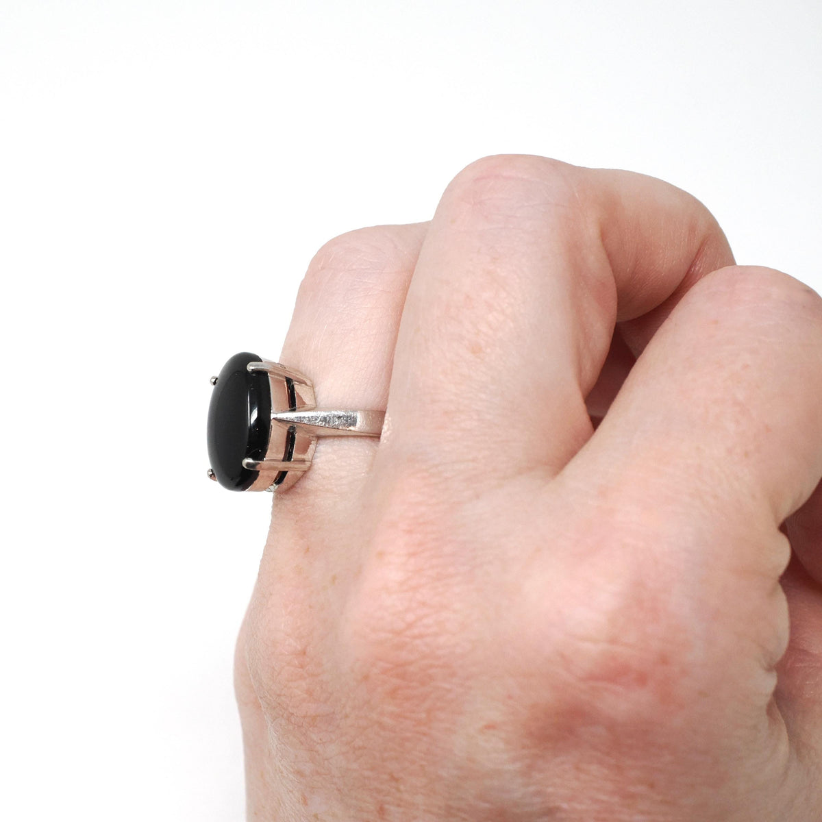 Modern Onyx Ring - Estate 14k White Gold Oval Cabochon Cut Black Chalcedony Gem - Modern Circa 2000's Era Size 4 3/4 Statement Fine Jewelry