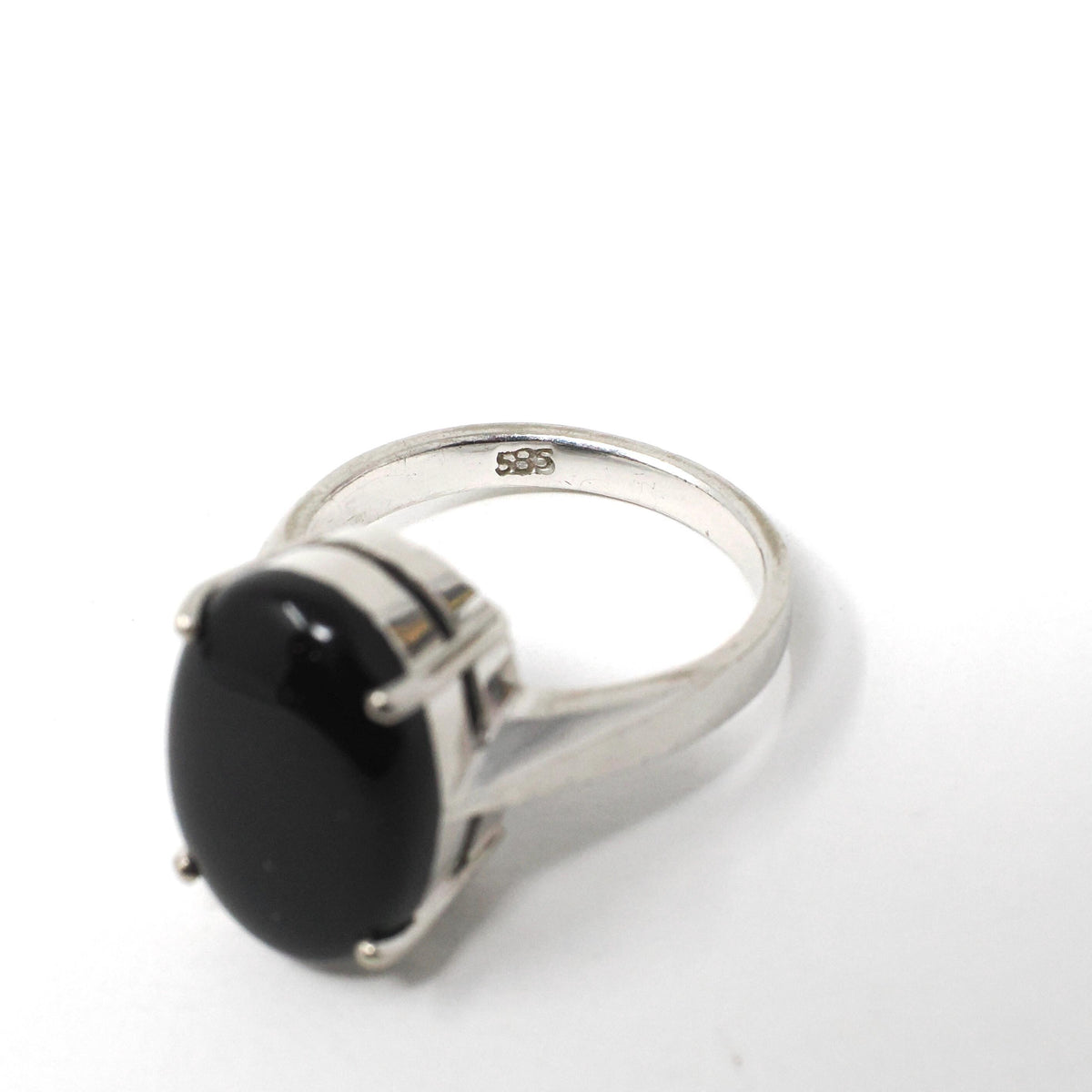 Modern Onyx Ring - Estate 14k White Gold Oval Cabochon Cut Black Chalcedony Gem - Modern Circa 2000's Era Size 4 3/4 Statement Fine Jewelry