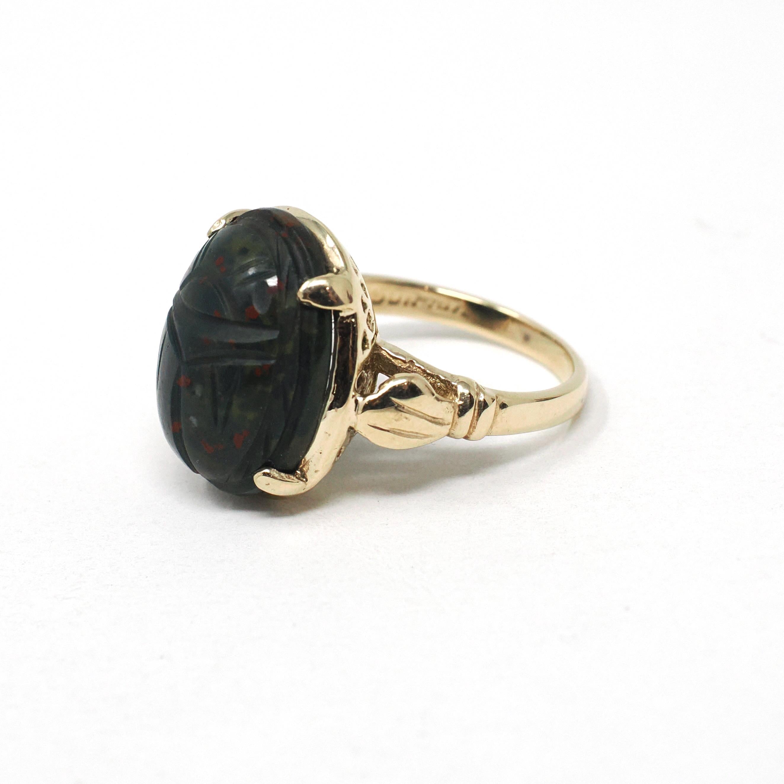 Bloodstone Scarab Ring - Retro 10k Yellow Gold Carved Natural Green Red Gem - Vintage Circa 1940s Era Size 5 1/4 Egyptian Revival Jewelry