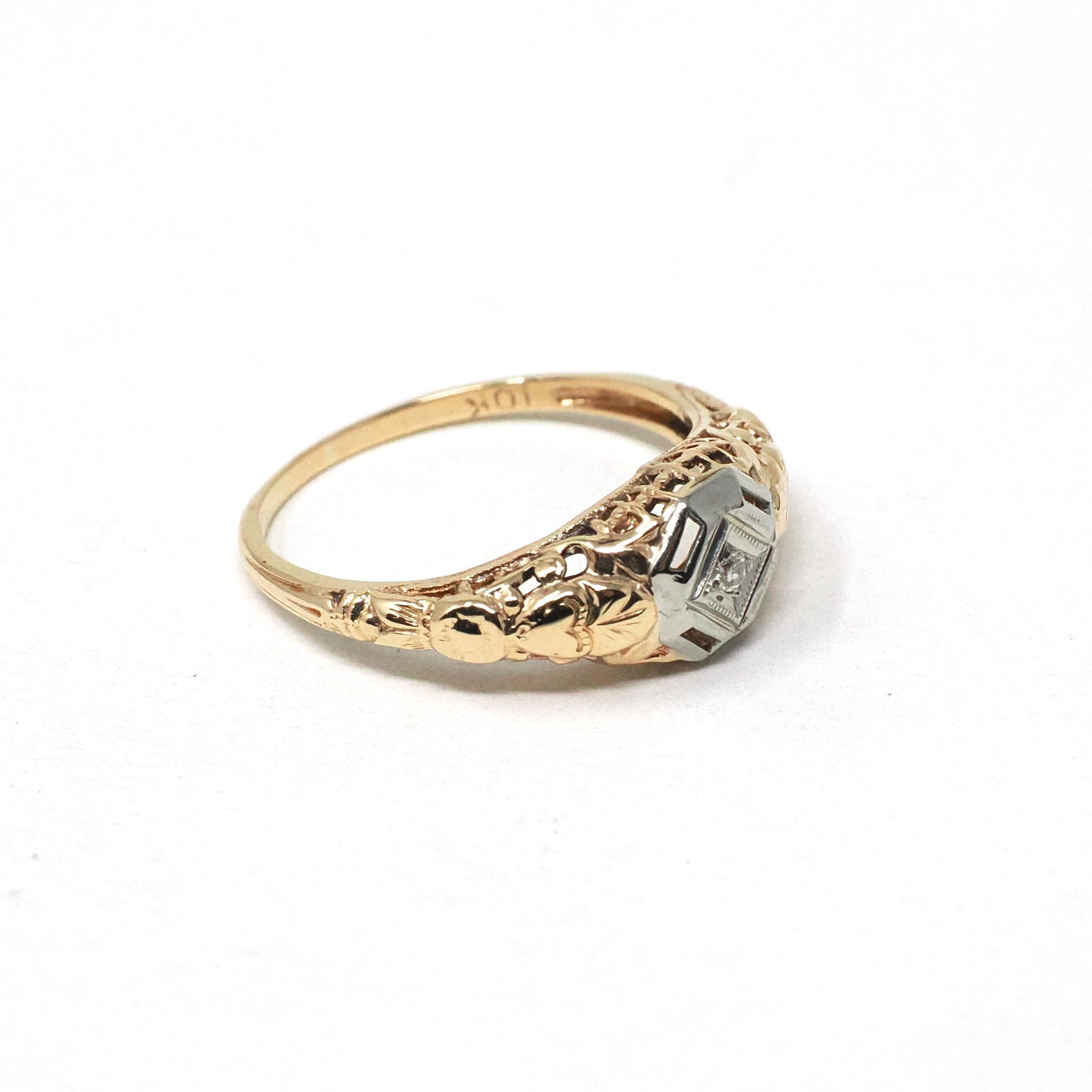 Art Deco Diamond Ring - Vintage 10k Yellow & White Gold Two Tone Filigree Natural .01 CT Engagement - Circa 1930s Era Size 4.75 Fine Jewelry