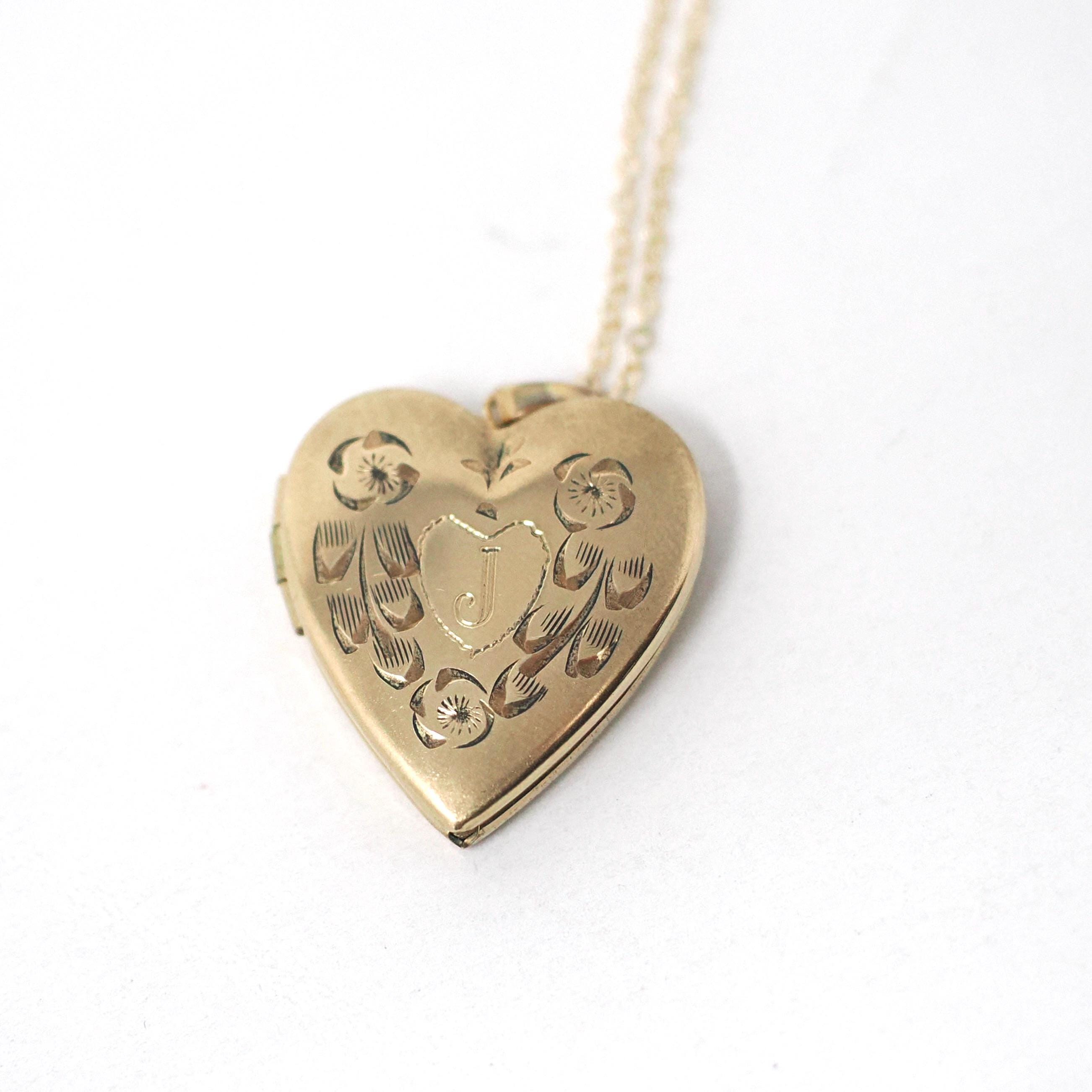 Vintage "J" Heart Locket - Estate Gold Filled Flower Pendant Necklace Charm - Vintage Circa 1980s Era Keepsake Photograph 80's Love Jewelry