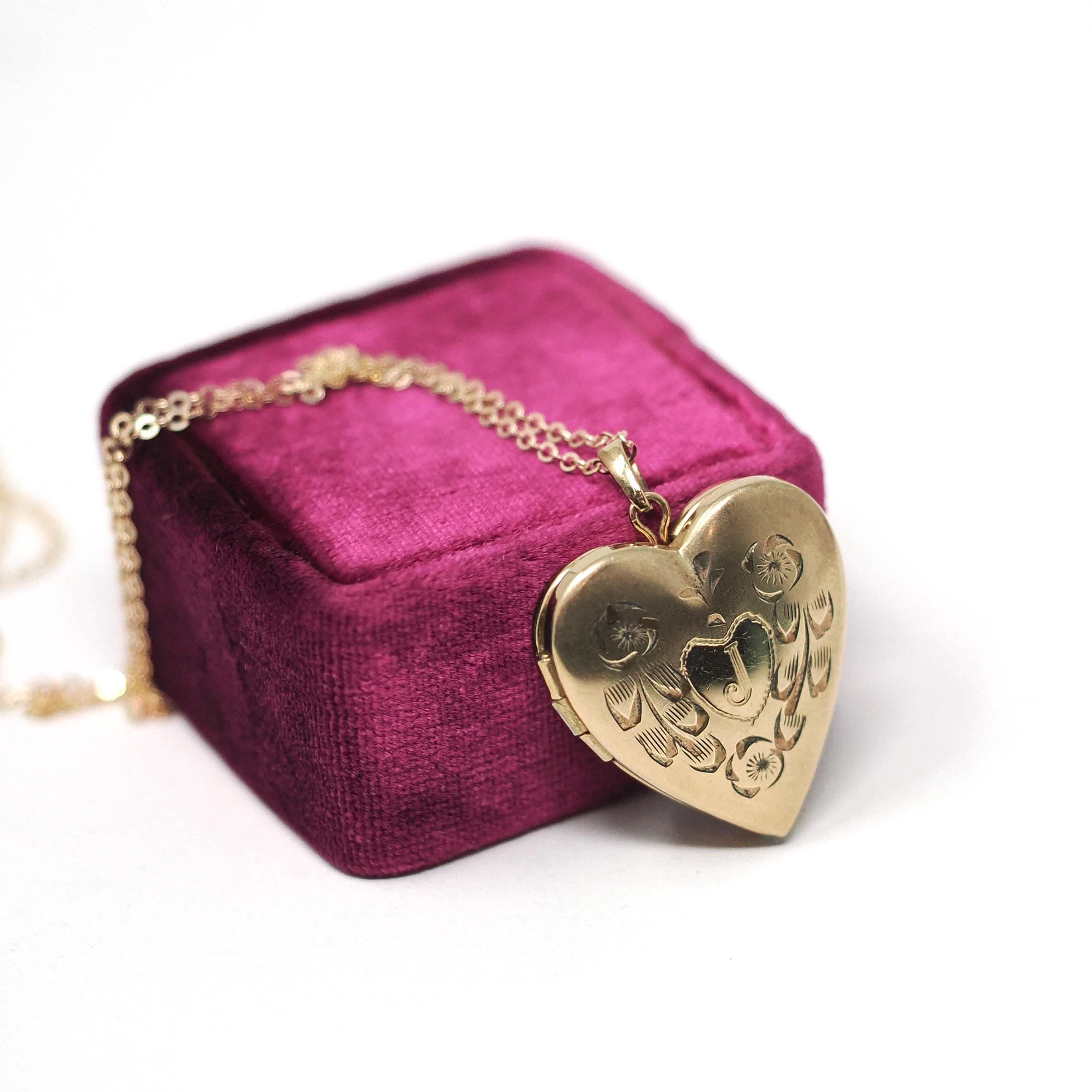 Vintage "J" Heart Locket - Estate Gold Filled Flower Pendant Necklace Charm - Vintage Circa 1980s Era Keepsake Photograph 80's Love Jewelry
