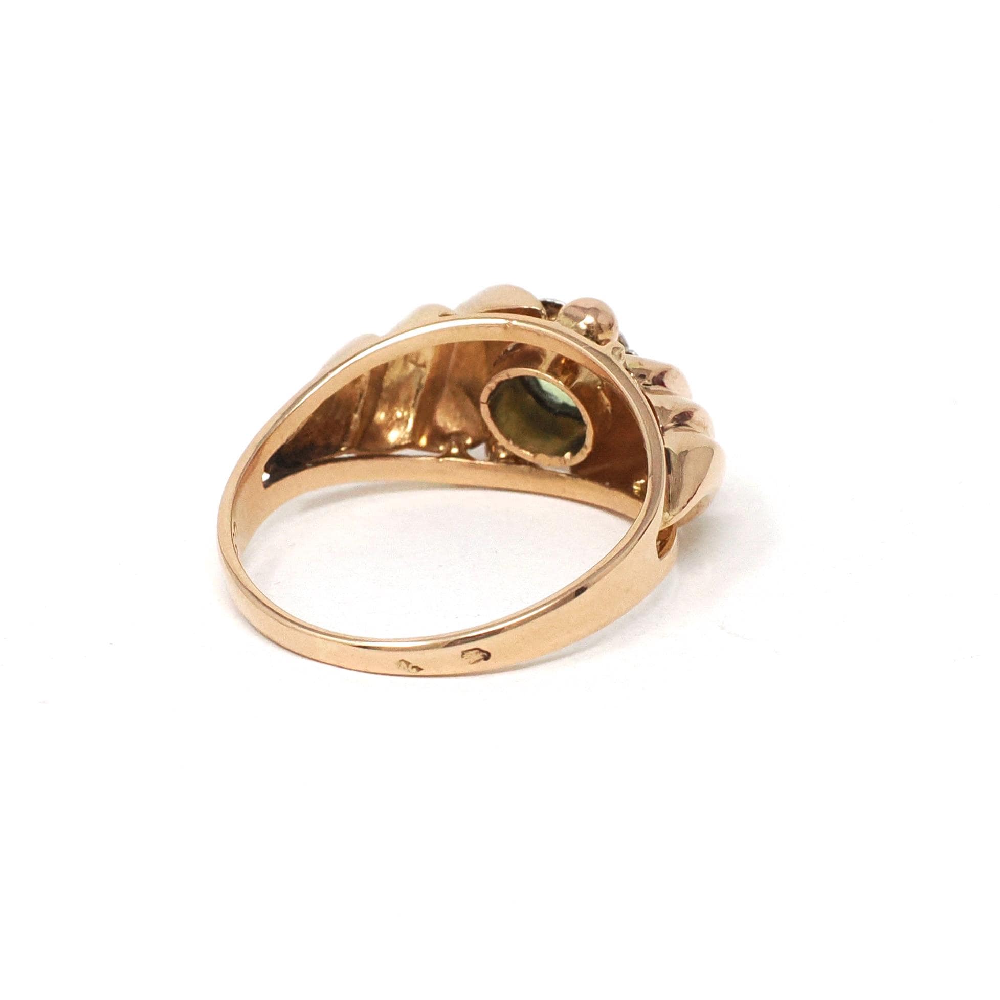 Estate Peridot Ring - Modern Era 18k Rosy Yellow Gold Natural Green Gem - Estate Flower Two Tone Size 5 3/4 Solitaire Croissant Fine Jewelry