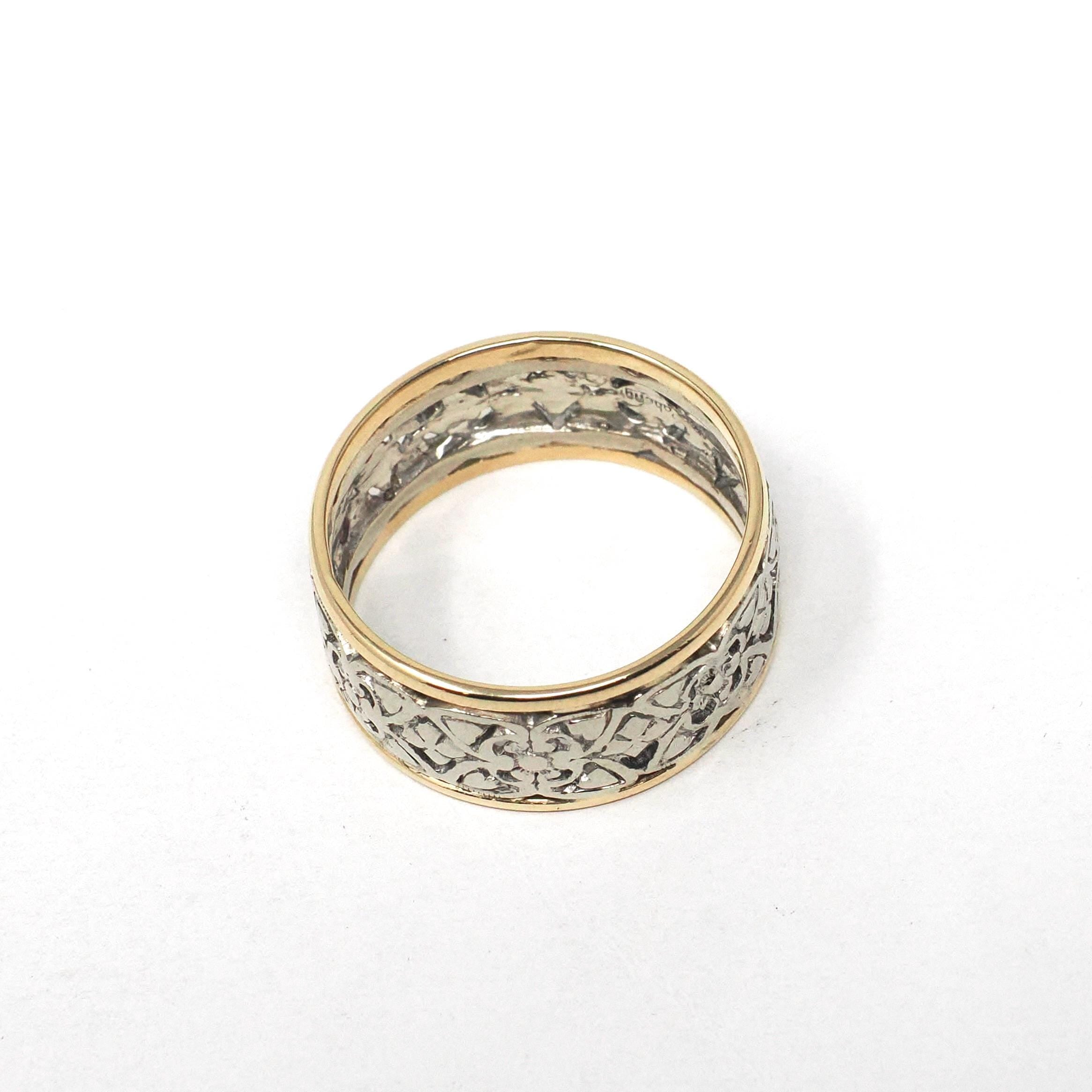 Vintage Pierced Cigar Band - Mid Century Era 14k Yellow & White Gold Open Metal Wide Wedding Ring - 1950s Size 9 1/2 Two Tone Unisex Jewelry