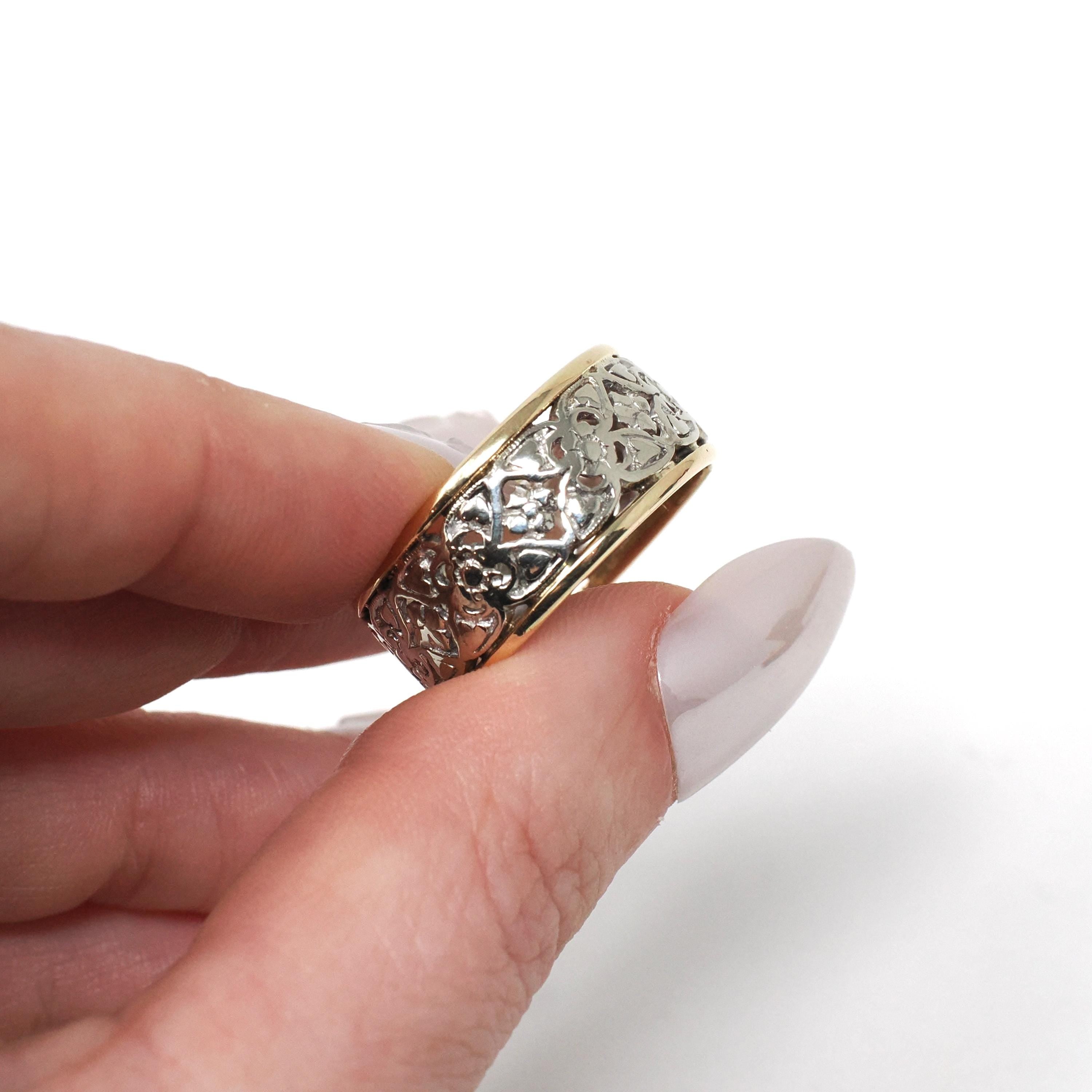 Vintage Pierced Cigar Band - Mid Century Era 14k Yellow & White Gold Open Metal Wide Wedding Ring - 1950s Size 9 1/2 Two Tone Unisex Jewelry