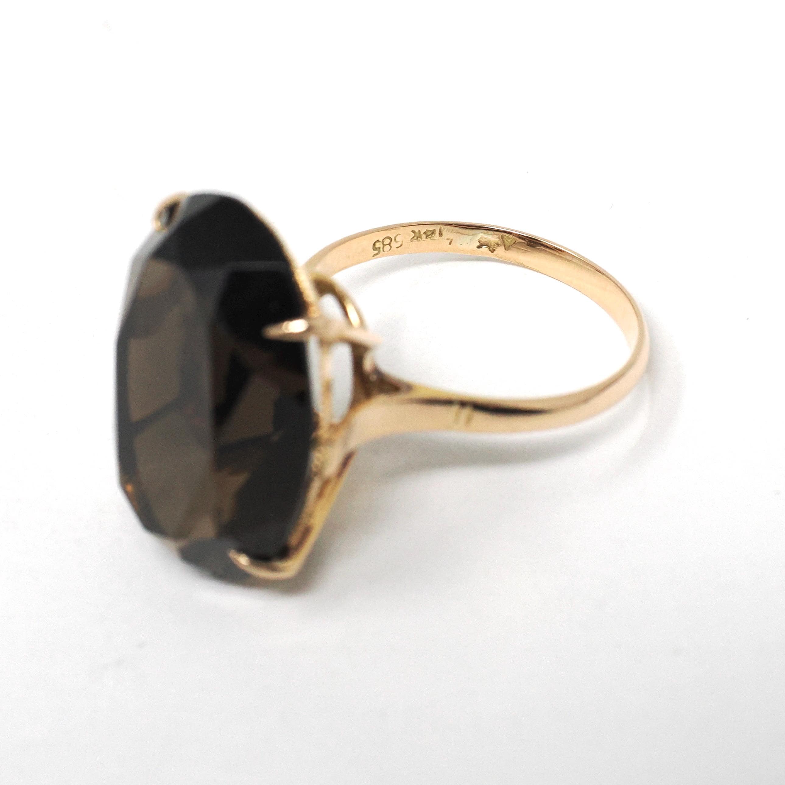 Smoky Quartz Ring - Retro 14k Yellow Gold Oval Faceted 12.15 CT Dark Brown Gemstone - Vintage Circa 1970s Era Size 7 Statement Fine Jewelry