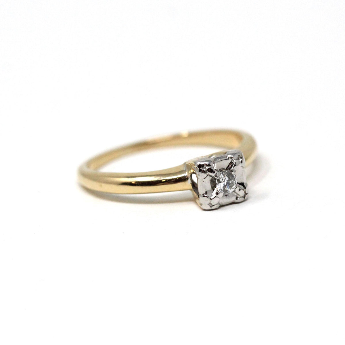 Vintage Diamond Ring - Mid Century 14k Yellow White Gold Natural Gem Solitaire Engagement - Circa 1940s Size 5 Illusion Head Fine Jewelry
