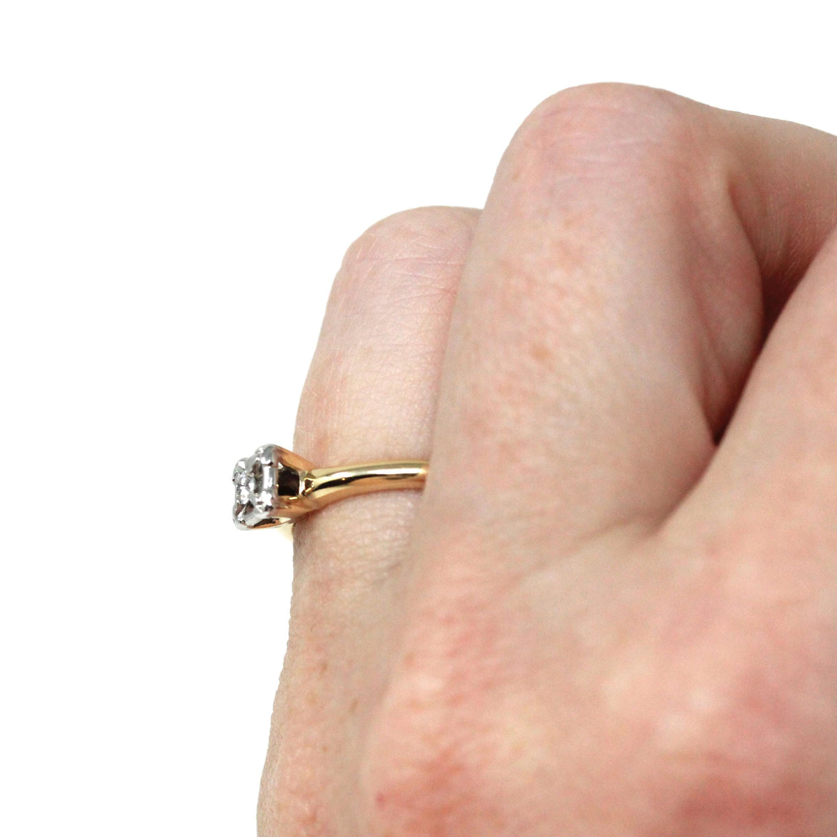 Vintage Diamond Ring - Mid Century 14k Yellow White Gold Natural Gem Solitaire Engagement - Circa 1940s Size 5 Illusion Head Fine Jewelry