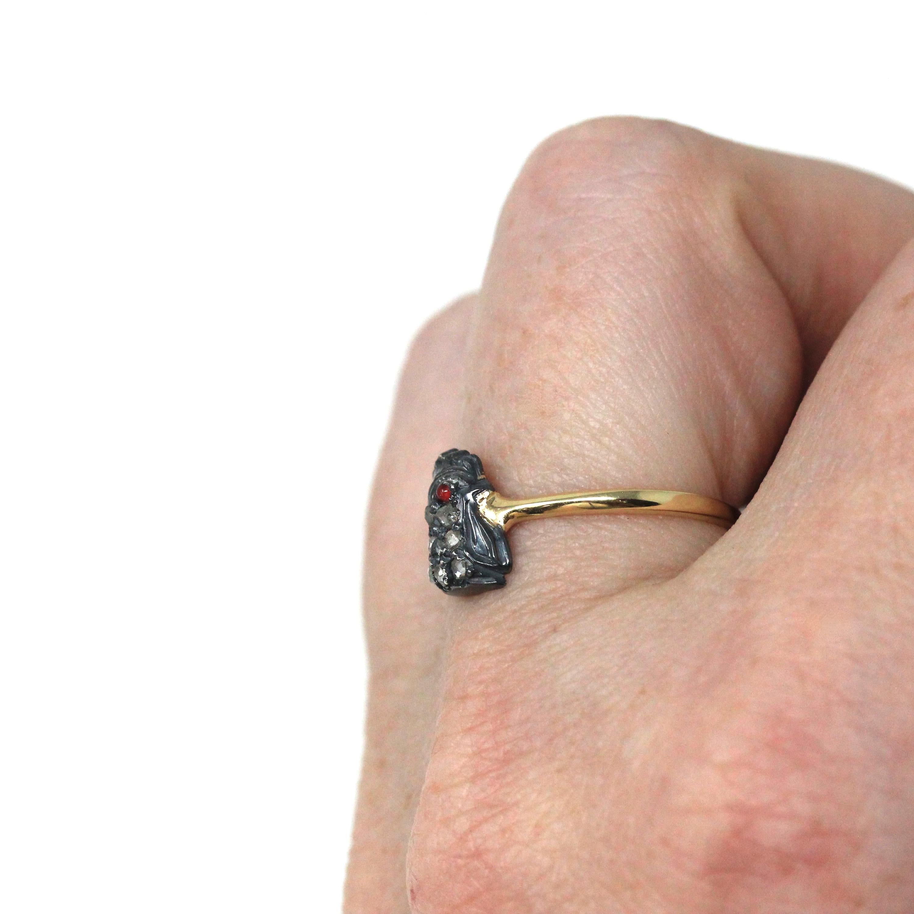 Antique Rooster Ring - Edwardian 18k Yellow Gold Stick Pin Conversion .05 CTW - Vintage Circa 1910s Era Size 6 Fowl Head Animal Fine Jewelry
