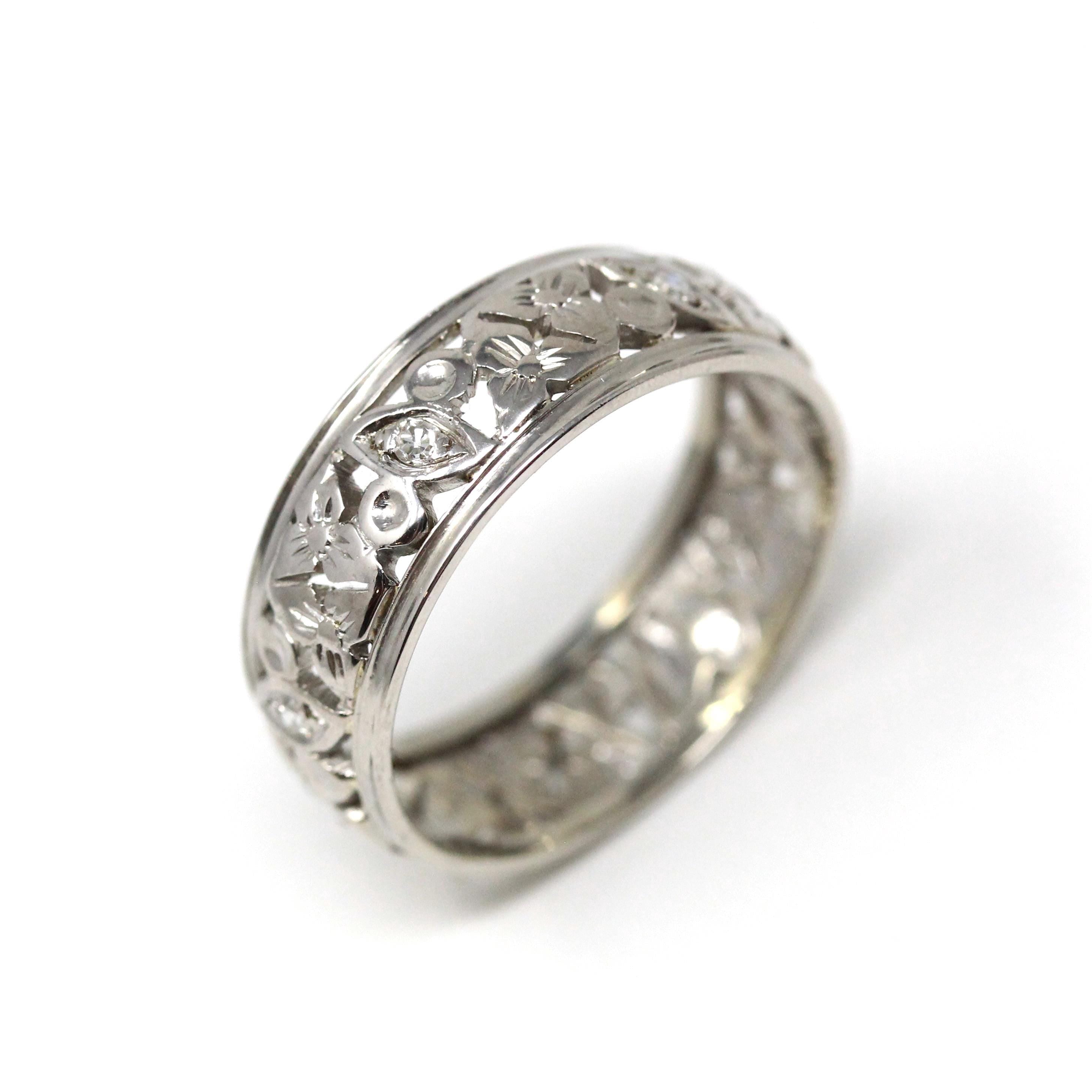 Mid Century Cigar Band - Vintage 14k White Gold Natural .06 CTW Diamonds Floral Wedding Ring - Circa 1950s Size 9 1/2 Unisex Fine Jewelry