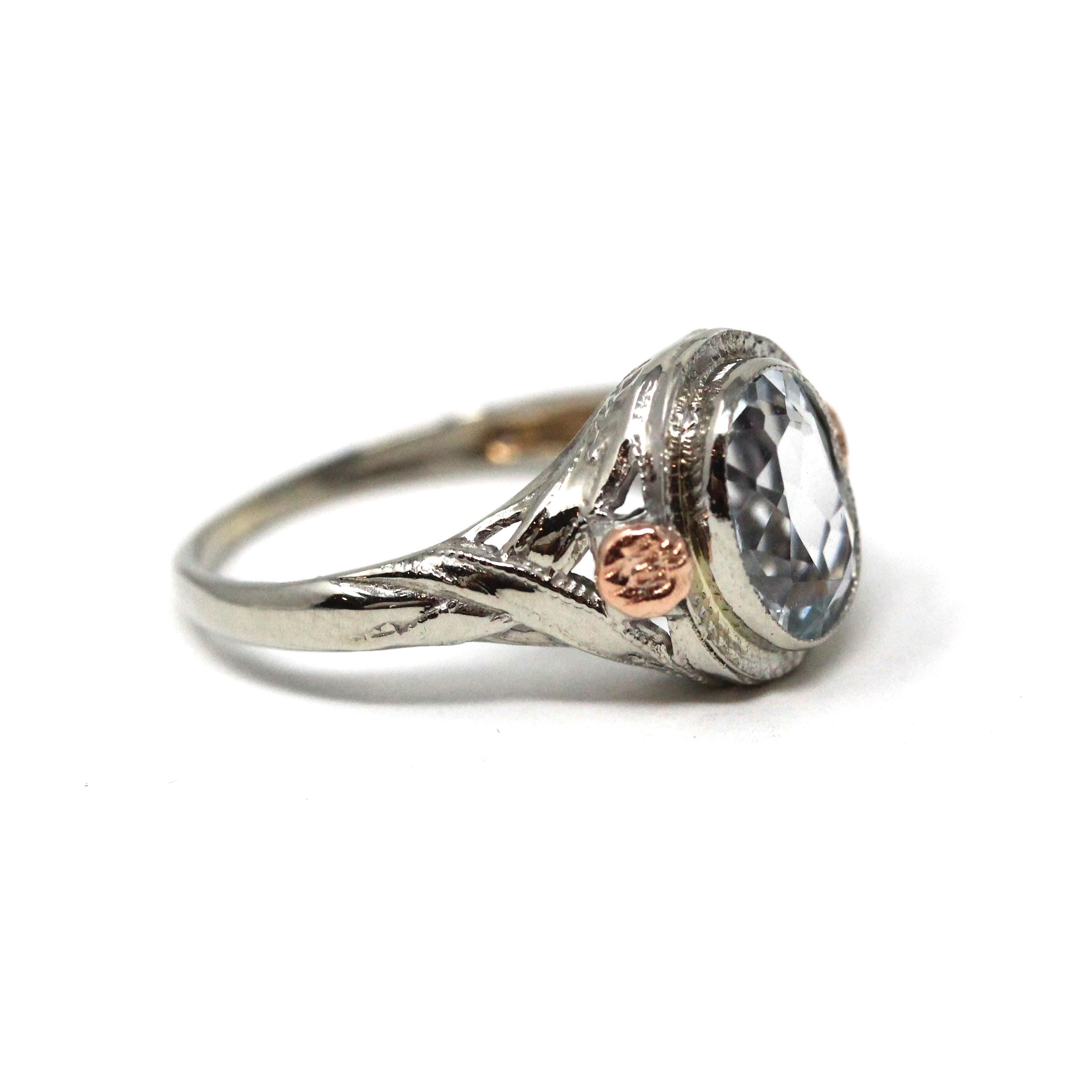 Vintage Aquamarine Ring - Art Deco 14k White & Rose Gold Oval Blue Beryl Gem Bezel Solitaire - Circa 1930s Size 3.25 Flower Fine Jewelry