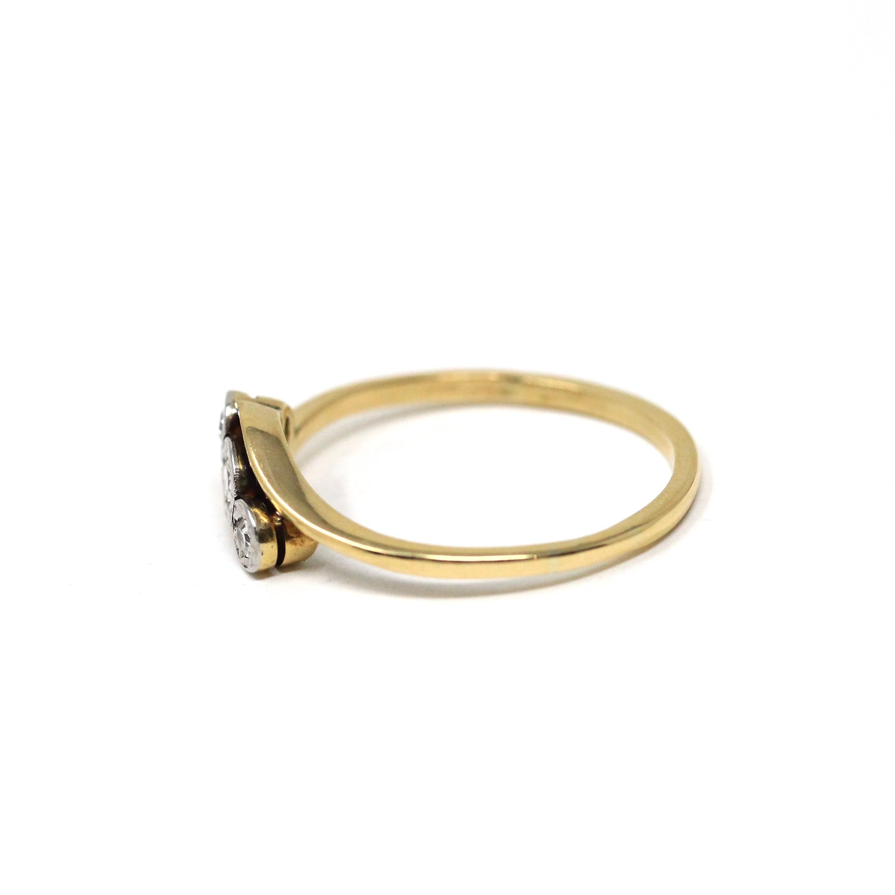 Three Stone Ring - MidCentury 18k Yellow Gold & Platinum Diamond Bypass - Vintage Circa 1940s Era Size 7 Engagement Anniversary Fine Jewelry