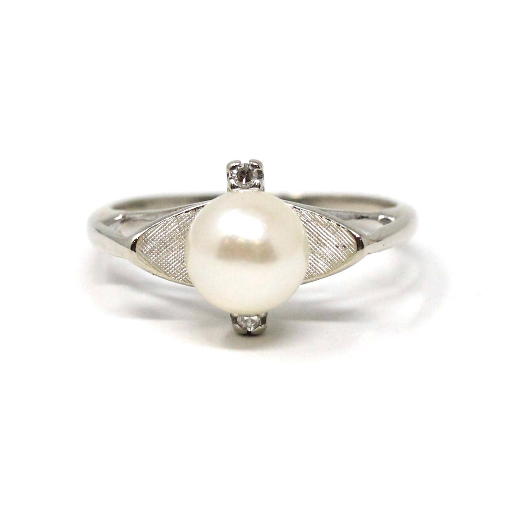 Vintage Pearl Ring - Retro 14k White Gold Cultured Organic Gemstone Natural Diamonds - Circa 1970s Size 7 June Birthstone Fine Jewelry