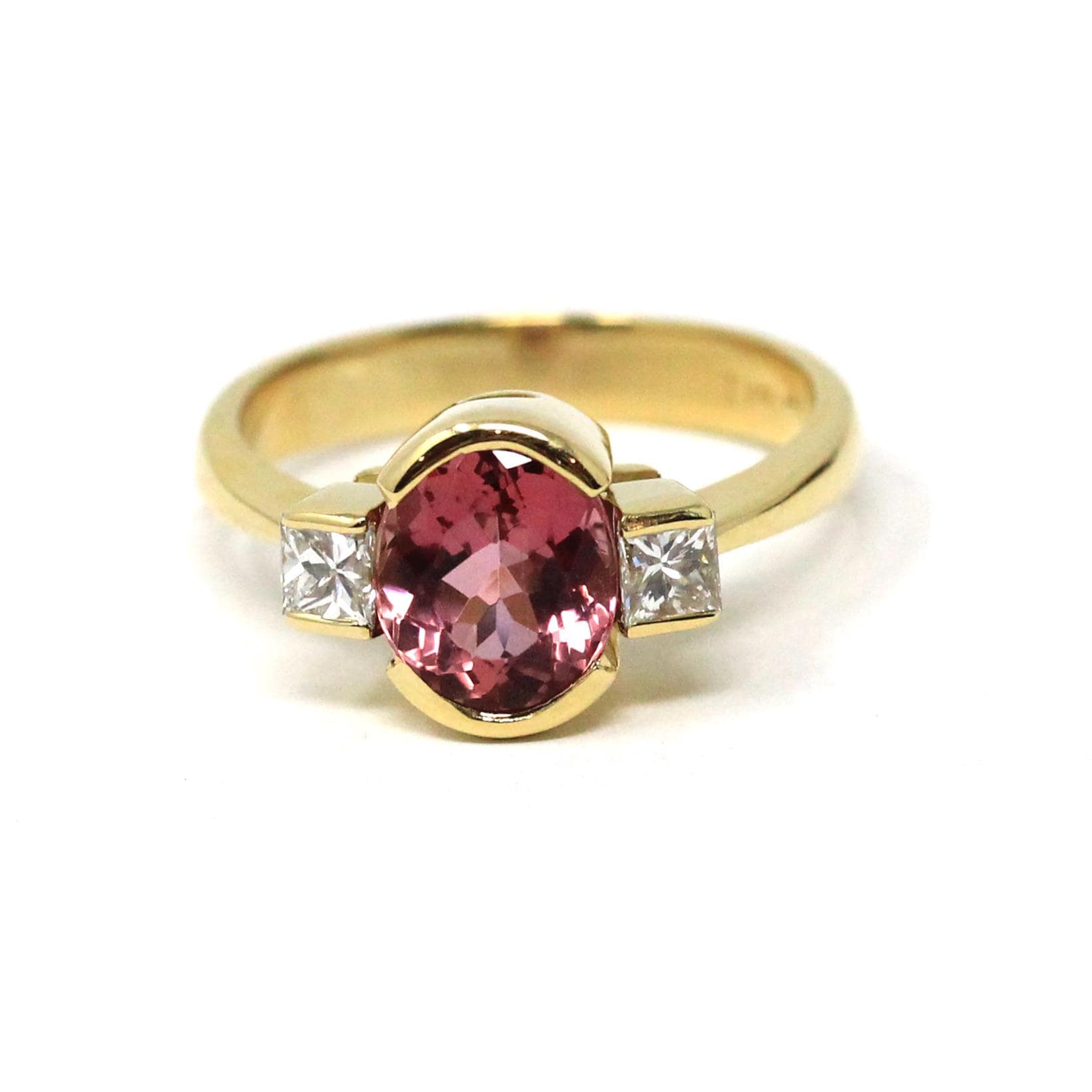 Natural Pink Topaz Ring - Estate 18k Yellow Gold Three Stone .28 CTW Accented Half Bezel Ring - Modern Circa 2000s Era Size 6 Fine Jewelry