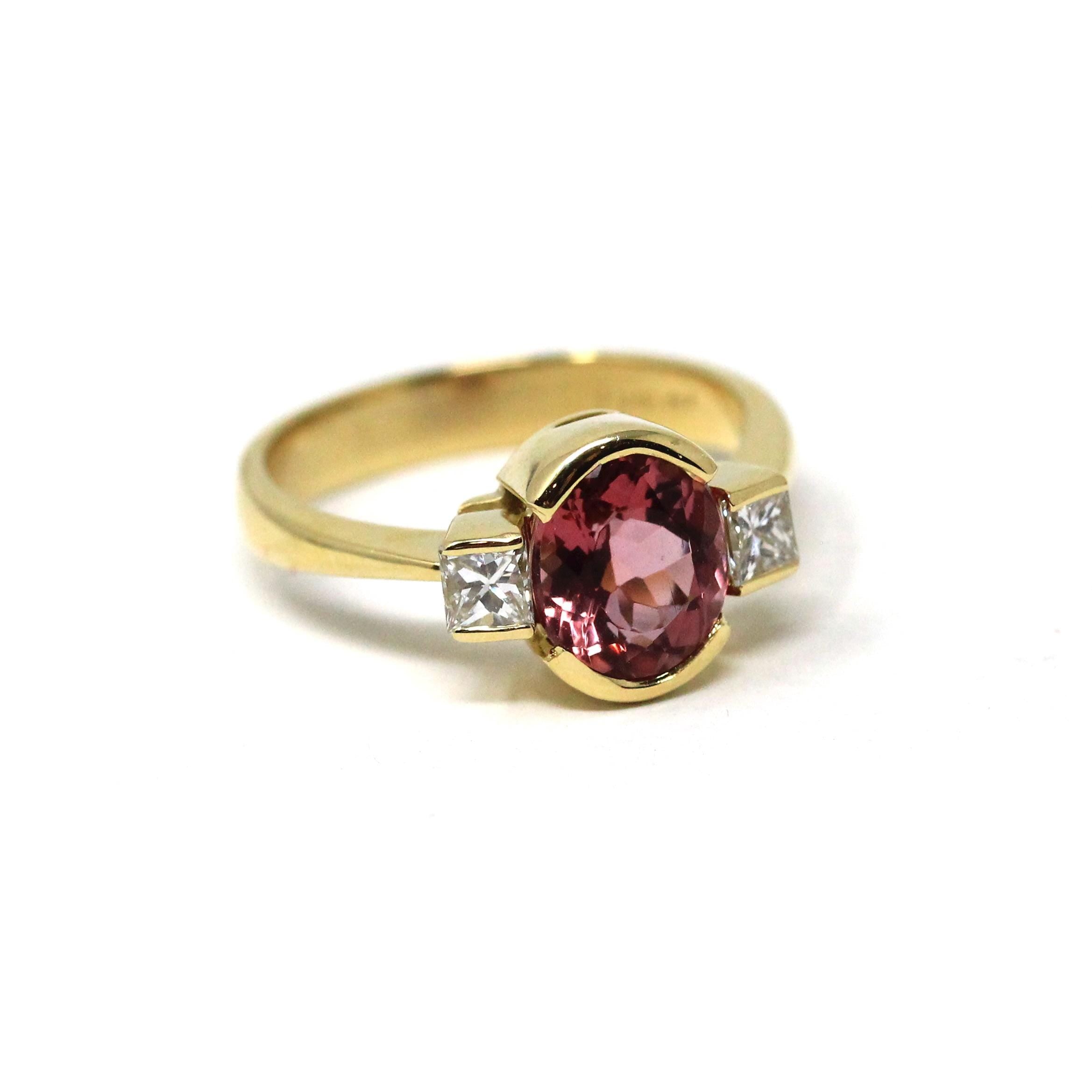 Natural Pink Topaz Ring - Estate 18k Yellow Gold Three Stone .28 CTW Accented Half Bezel Ring - Modern Circa 2000s Era Size 6 Fine Jewelry