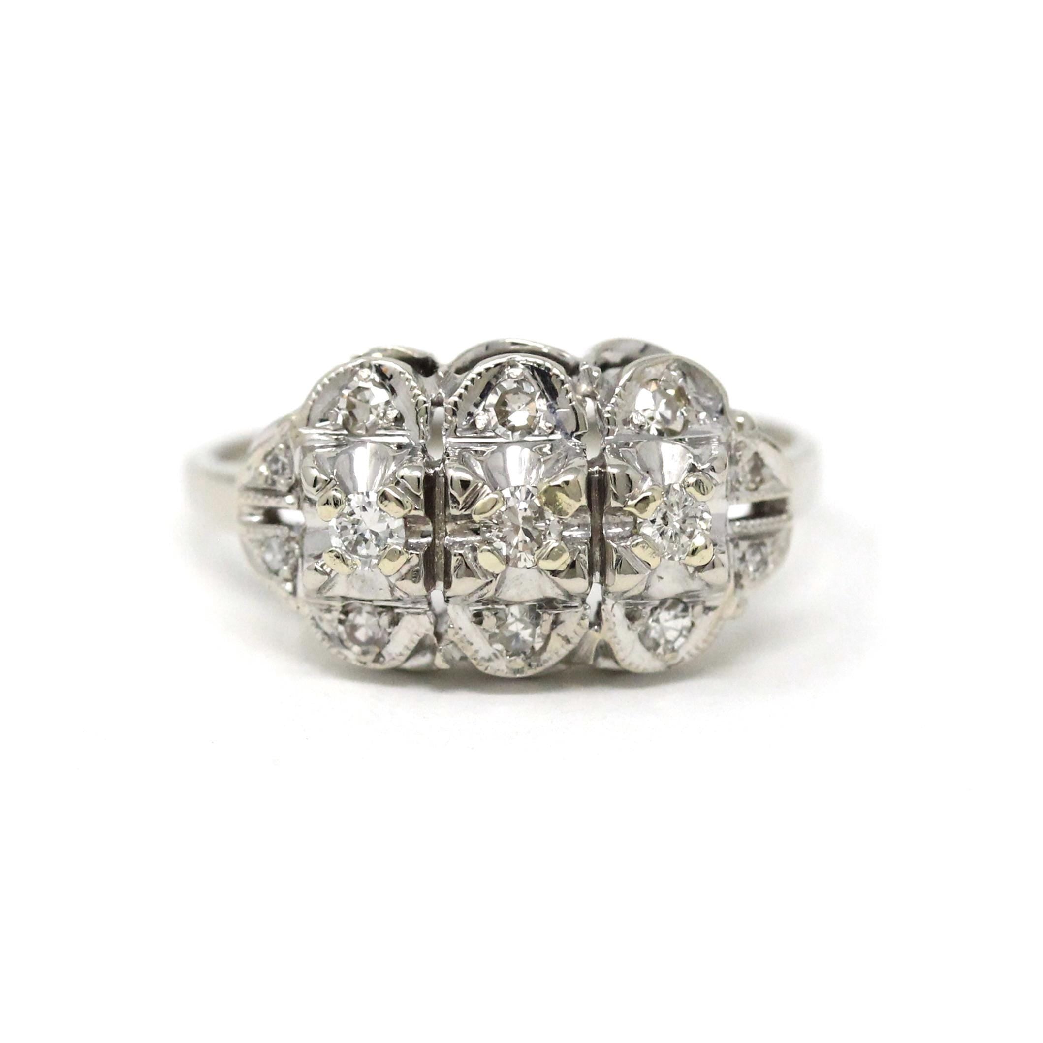 Vintage Engagement Ring - Mid Century 14k White Gold Natural 0.23 CTW Diamond Cluster - Circa 1950s Era Size 6 Fine Bridal Statement Jewelry
