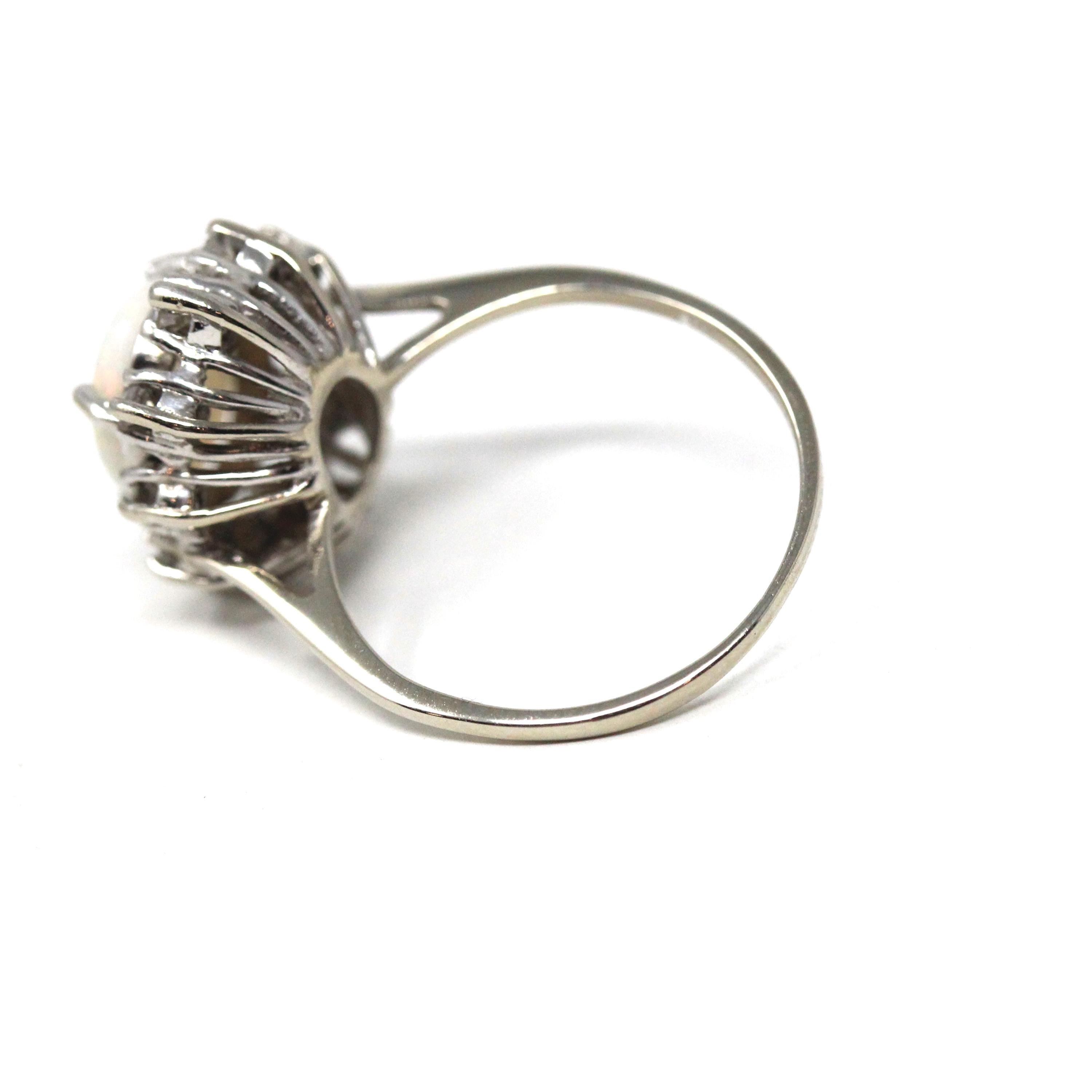 Opal & Diamond Halo Ring - Modern Era 10k White Gold Oval Natural Gemstones - Estate Circa 1980s Size 6 3/4 Cluster Romany Fine 80s Jewelry