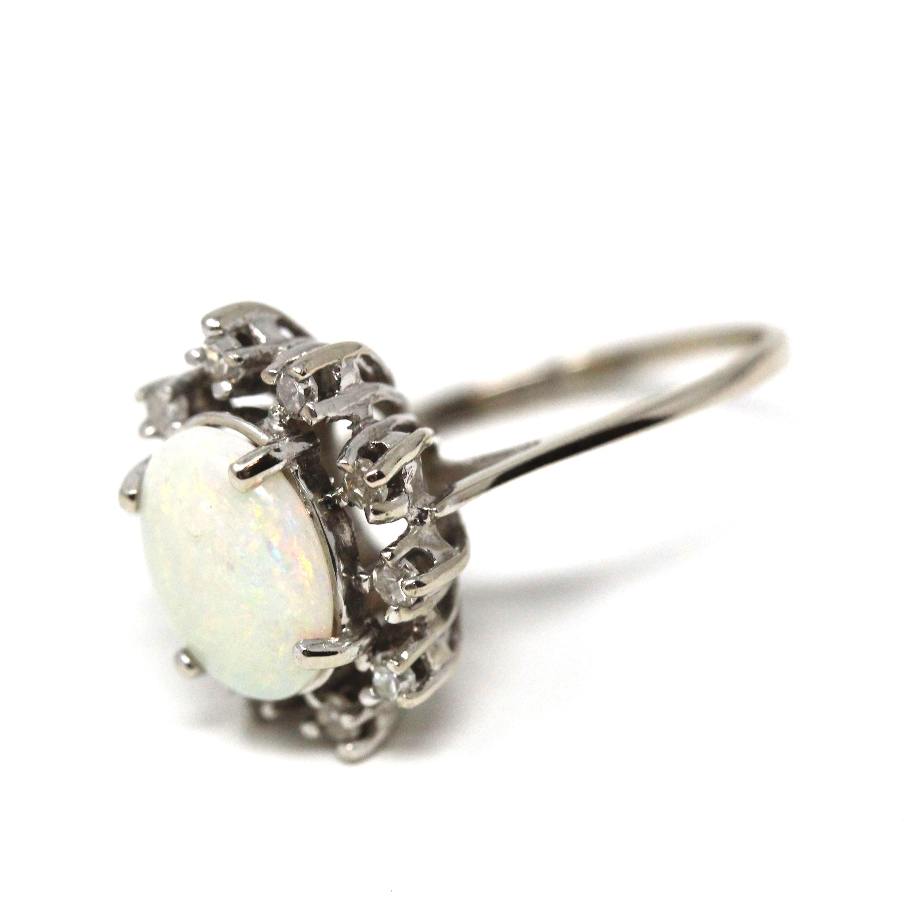 Opal & Diamond Halo Ring - Modern Era 10k White Gold Oval Natural Gemstones - Estate Circa 1980s Size 6 3/4 Cluster Romany Fine 80s Jewelry