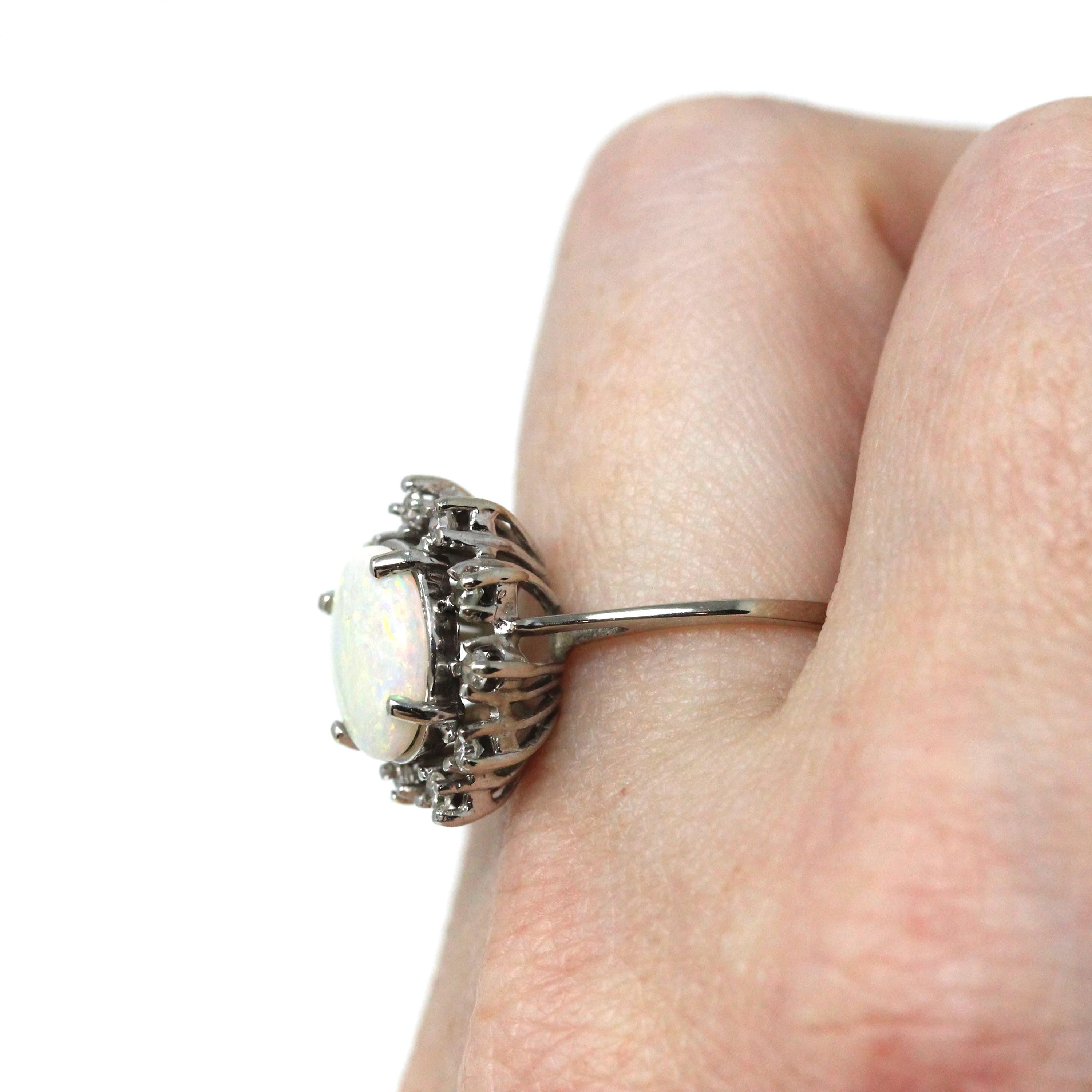Opal & Diamond Halo Ring - Modern Era 10k White Gold Oval Natural Gemstones - Estate Circa 1980s Size 6 3/4 Cluster Romany Fine 80s Jewelry