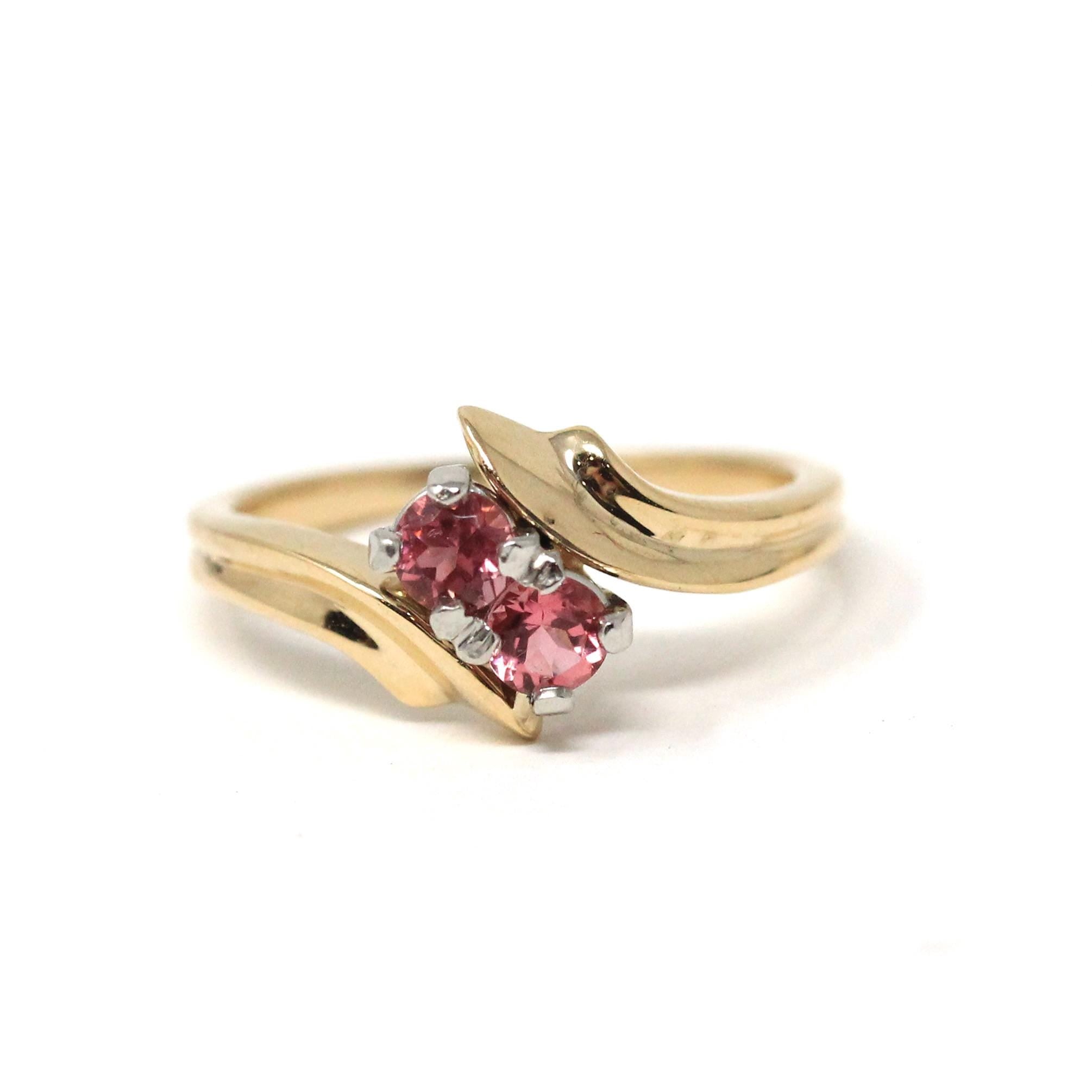 Tourmaline Bypass Ring - Modern 14k Yellow Gold & Platinum Two Tone Toi Et Moi Pink Gems - Estate Circa 1990s Size 5 Fine Birthstone Jewelry