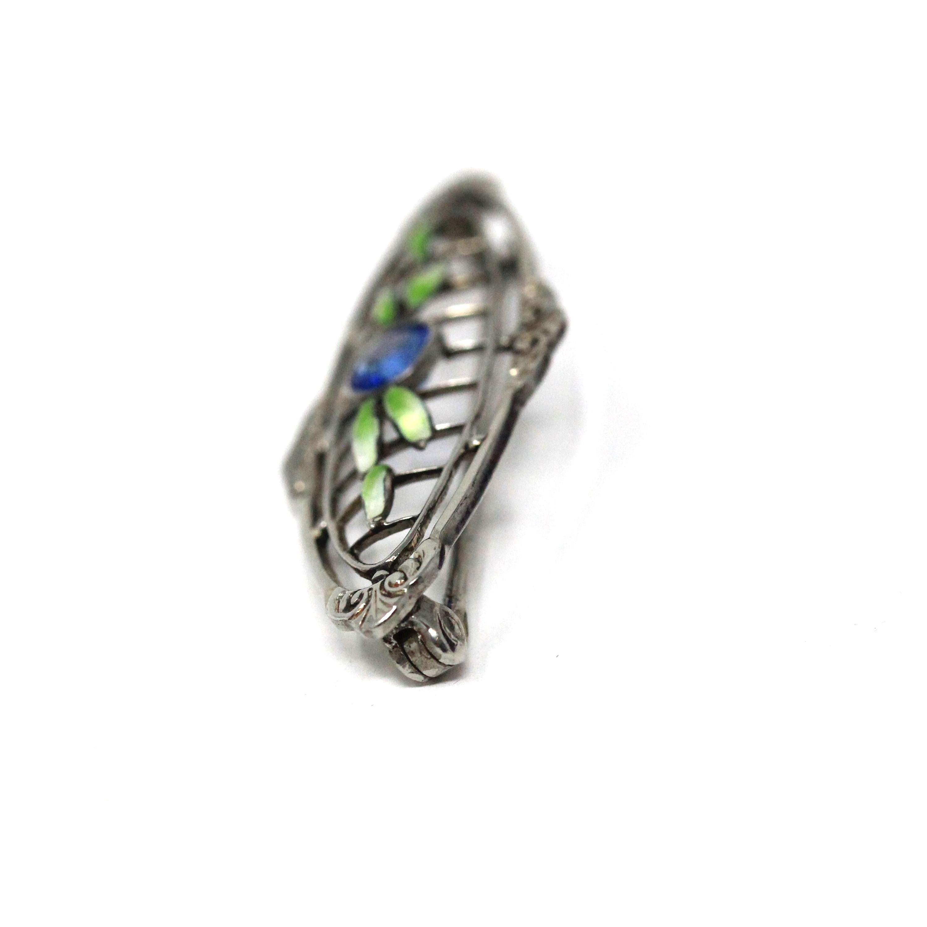 Art Deco Brooch - Antique Silver Tone Blue Garnet Glass Doublet & Green Enamel Pin - Circa 1920s Era Leaf Motif Fashion Accessory Jewelry