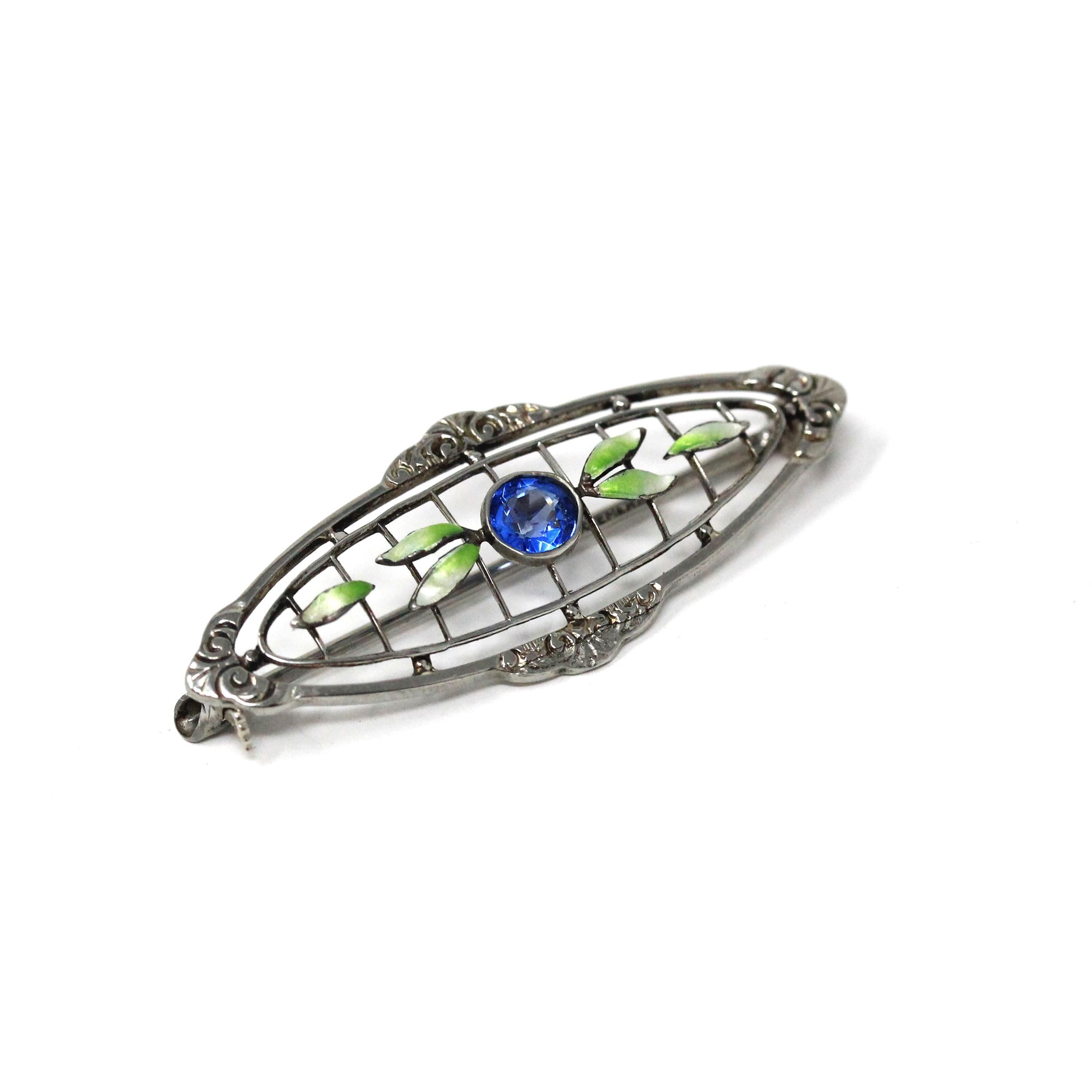 Art Deco Brooch - Antique Silver Tone Blue Garnet Glass Doublet & Green Enamel Pin - Circa 1920s Era Leaf Motif Fashion Accessory Jewelry