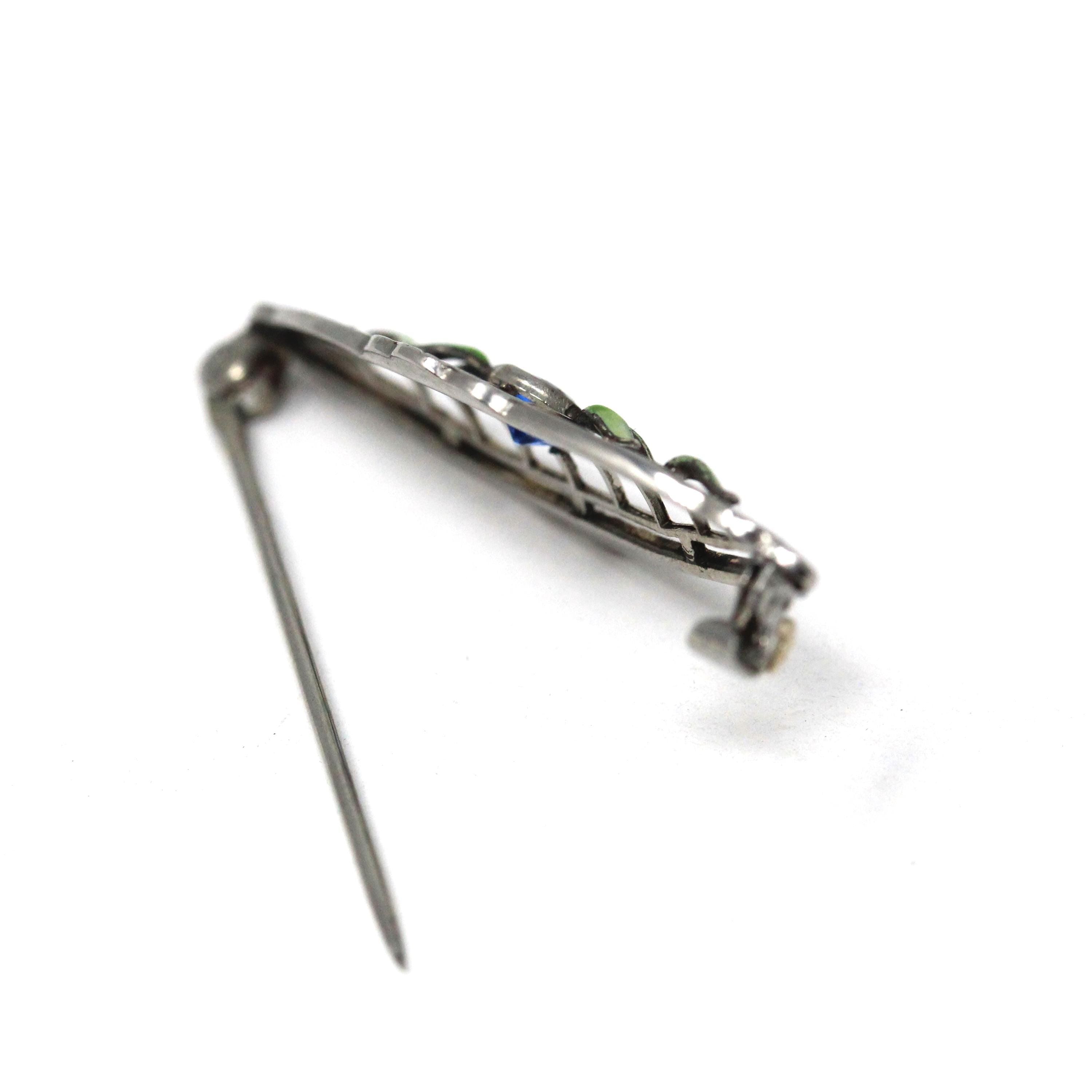Art Deco Brooch - Antique Silver Tone Blue Garnet Glass Doublet & Green Enamel Pin - Circa 1920s Era Leaf Motif Fashion Accessory Jewelry