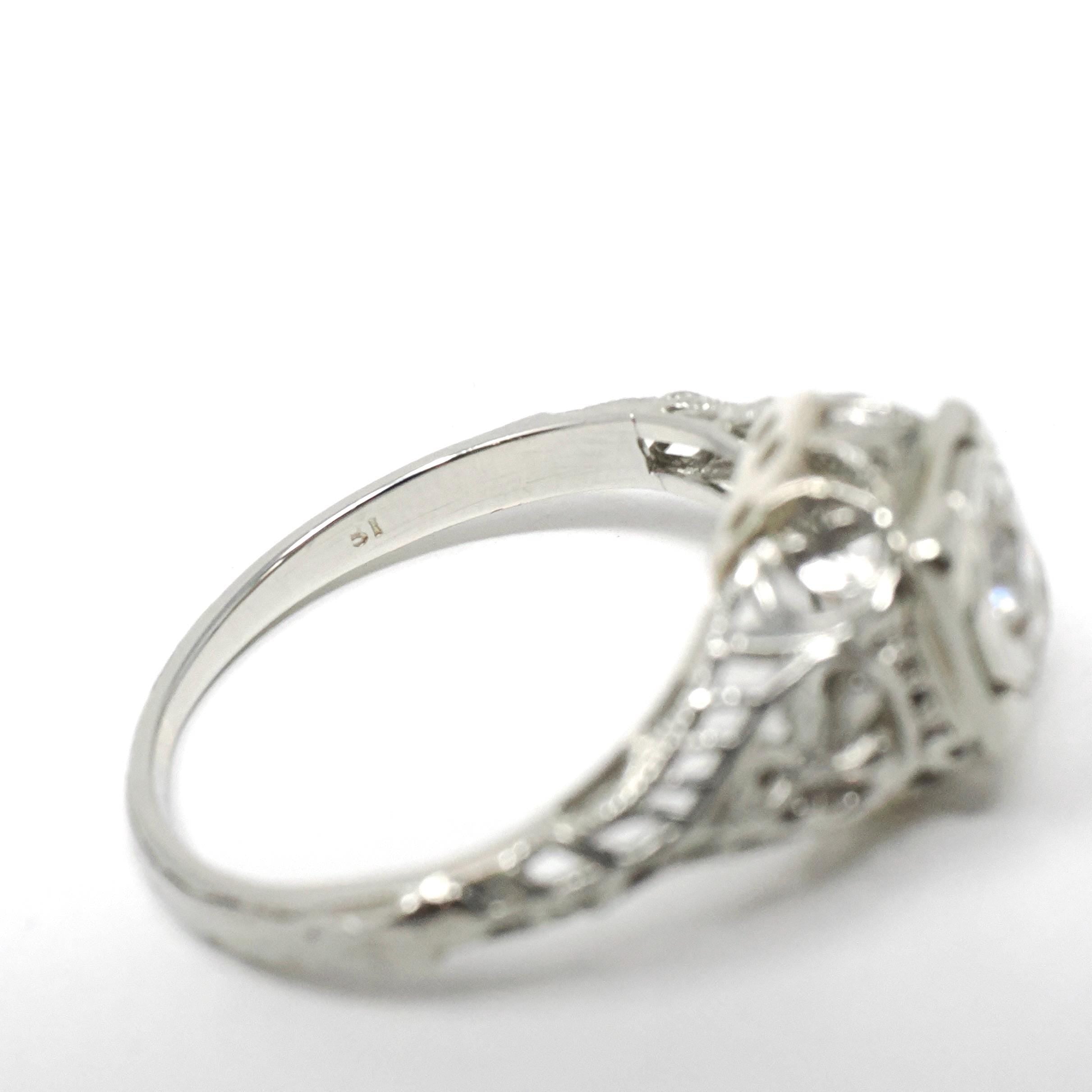 Vintage Diamond Ring - Art Deco 18k White Gold Natural Square Solitaire Engagement - Circa 1930s Era Size 4 3/4 Filigree Star Fine Jewelry