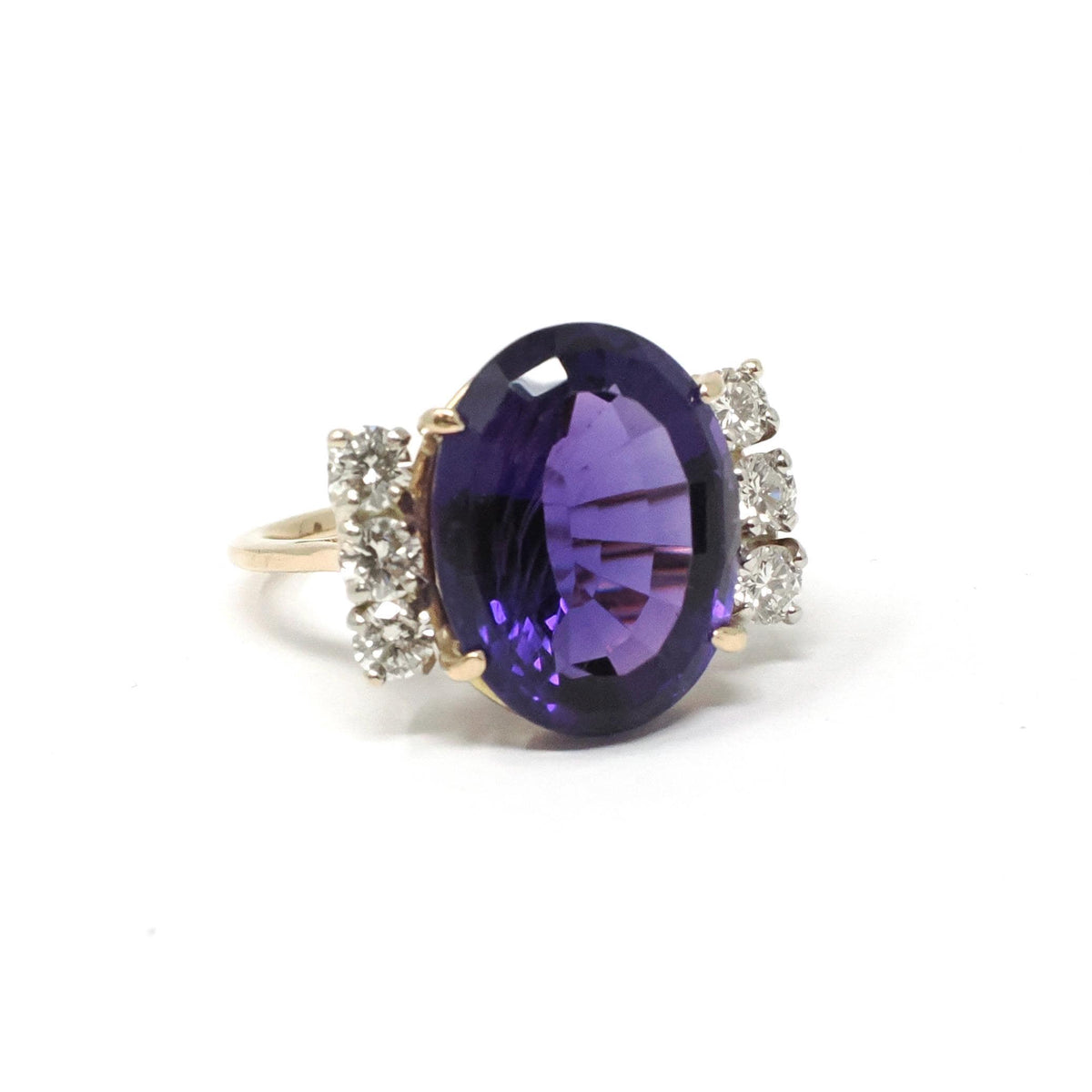 Amethyst & Diamond Ring - Retro 14k Yellow Gold Purple 7 CT Gemstone - Circa 1970s Era Size 5 1/2 February Birthstone Fine Statement Jewelry