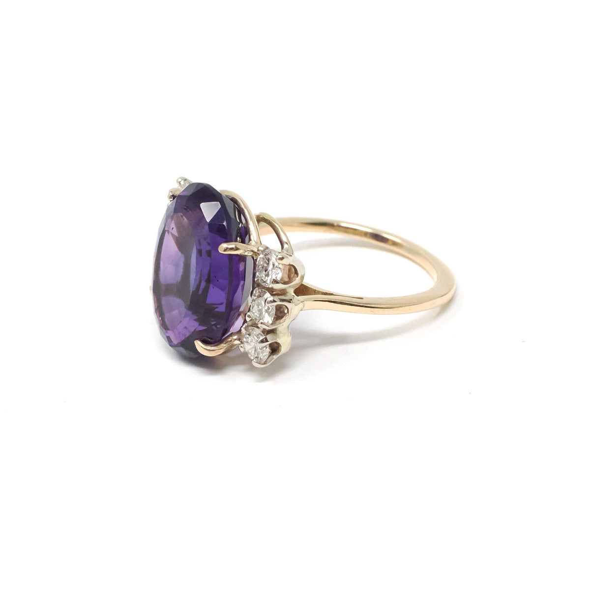 Amethyst & Diamond Ring - Retro 14k Yellow Gold Purple 7 CT Gemstone - Circa 1970s Era Size 5 1/2 February Birthstone Fine Statement Jewelry