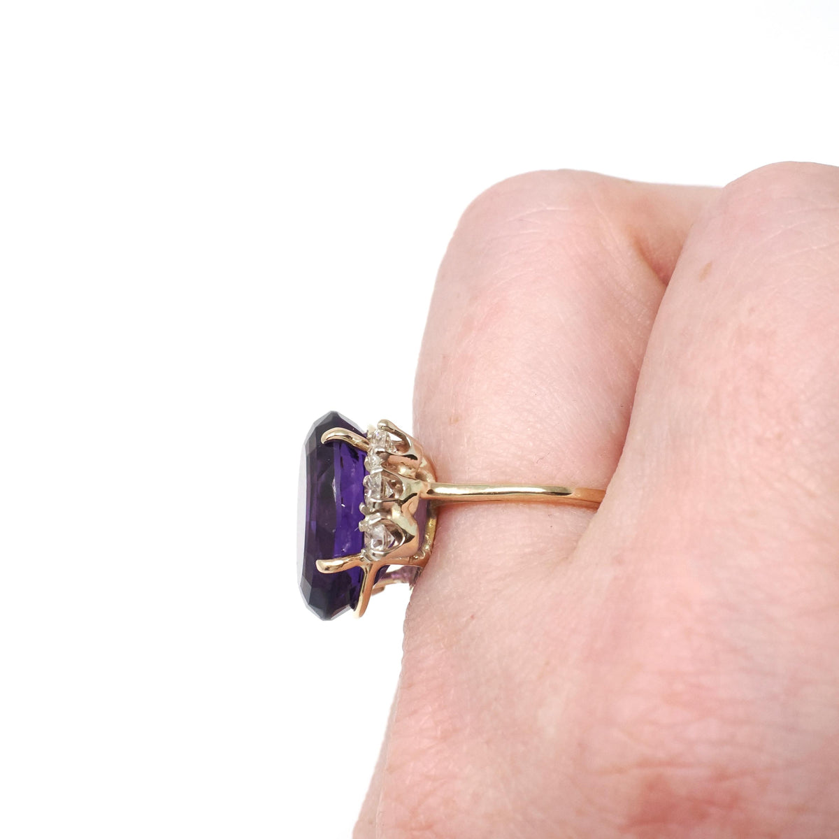 Amethyst & Diamond Ring - Retro 14k Yellow Gold Purple 7 CT Gemstone - Circa 1970s Era Size 5 1/2 February Birthstone Fine Statement Jewelry