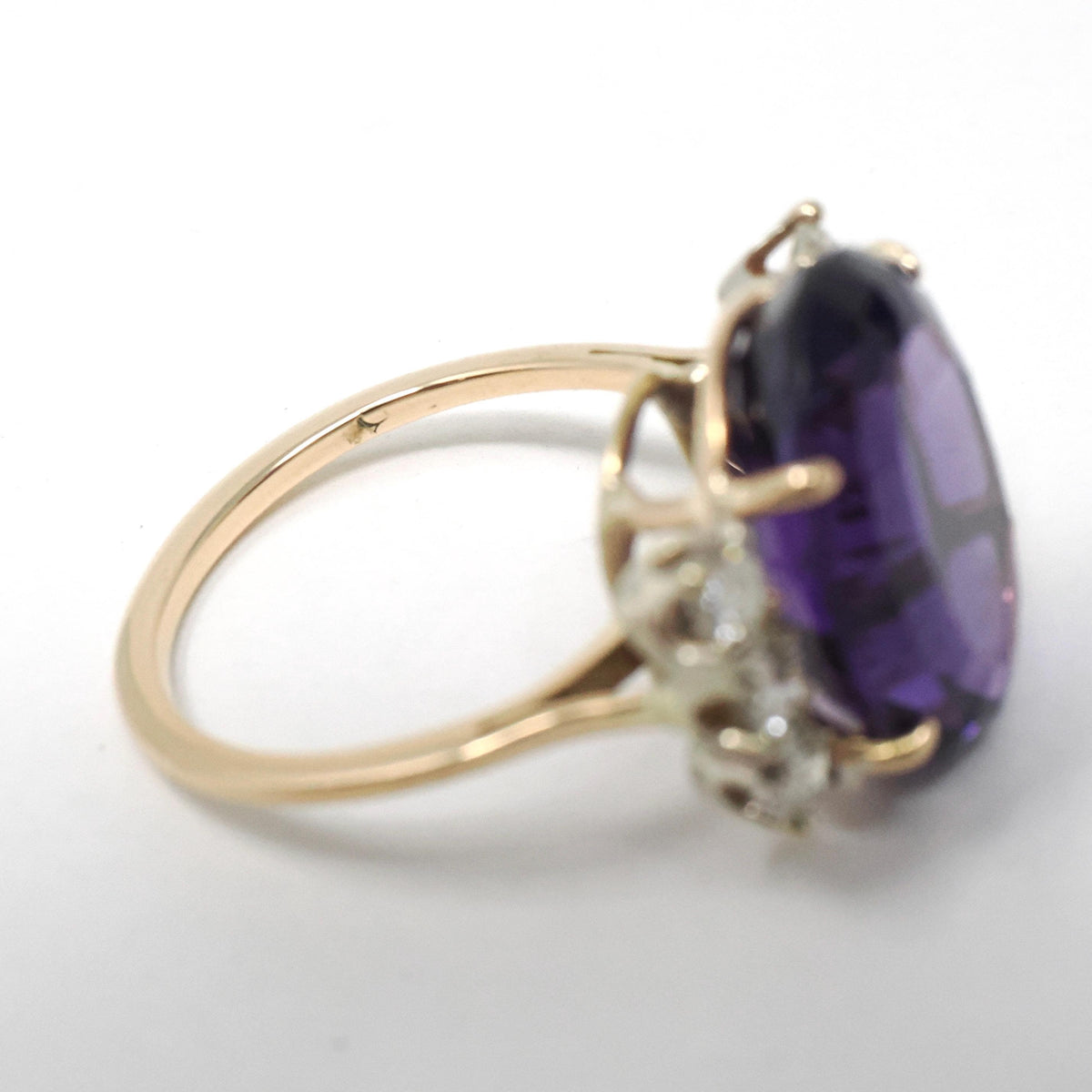 Amethyst & Diamond Ring - Retro 14k Yellow Gold Purple 7 CT Gemstone - Circa 1970s Era Size 5 1/2 February Birthstone Fine Statement Jewelry