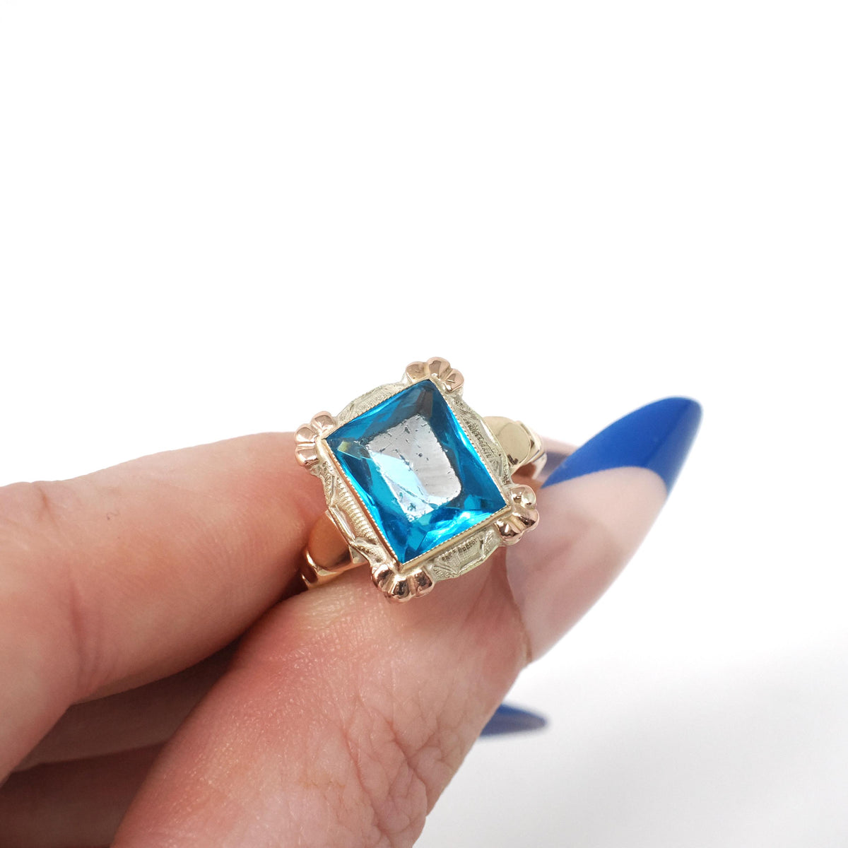 Vintage Glass Ring - Mid Century Era 10k Yellow & Rose Gold Simulated Gemstone Blue Glass - Circa 1940s Size 5 1/4 Fine Statement Jewelry