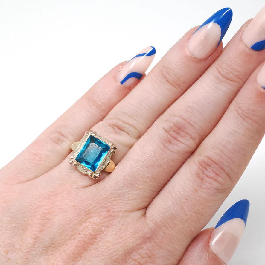 Vintage Glass Ring - Mid Century Era 10k Yellow & Rose Gold Simulated Gemstone Blue Glass - Circa 1940s Size 5 1/4 Fine Statement Jewelry